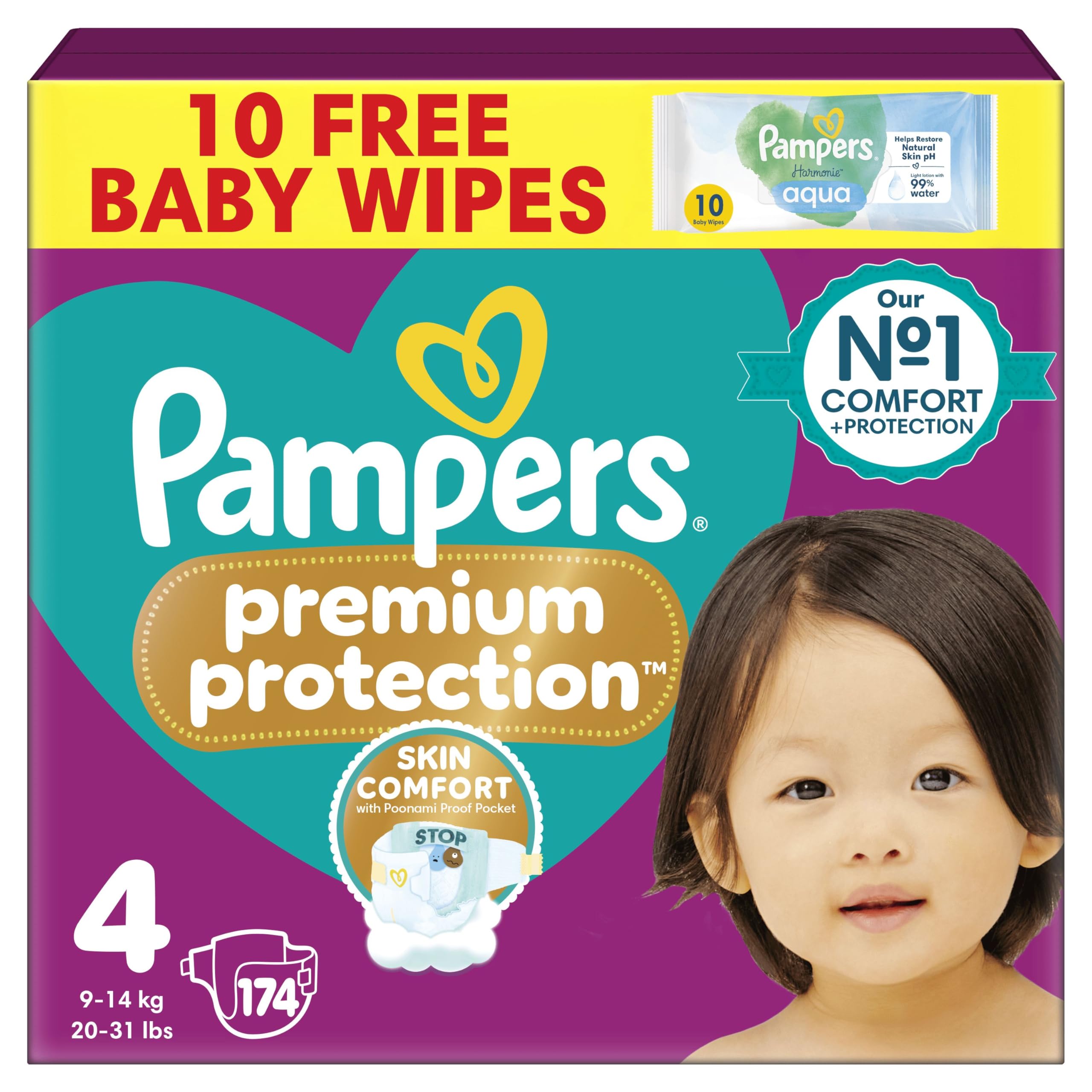 PampersPremium Protection Size 4, 174 Baby Nappies, 9kg-15kg, Monthly Pack with Pampers Harmonie Aqua Baby Wipes 1 Pack of 10 WipesThe Forest Stewardship Council