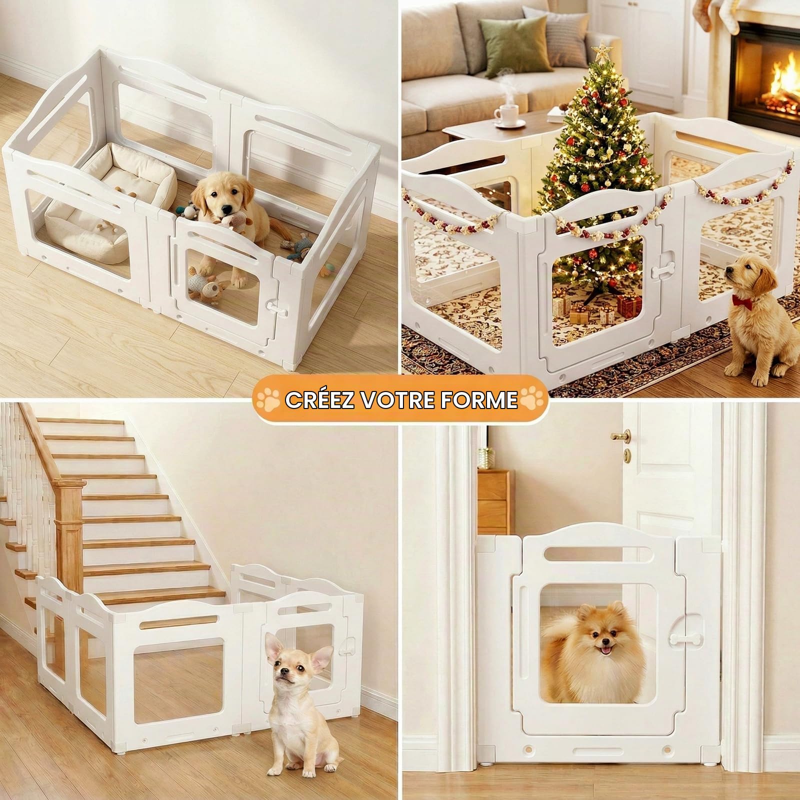 MAMIZO Parc pour Chiot en Acrylique 129 × 68× 60 cm, Enclos pour Chien | 6 PCS Parc Chien Interieur avec Ventouses, Panneaux Caisse Mise Bas pour Chiots avec Porte Verrouillable, Blanc