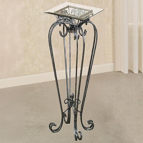 Miniatura 12 de Touch of Class Mesa pedestal de metal calcedonia con desplazamiento – Vidrio biselado – Oro antiguo – Hecho de hierro – Parte superior cuadrada –