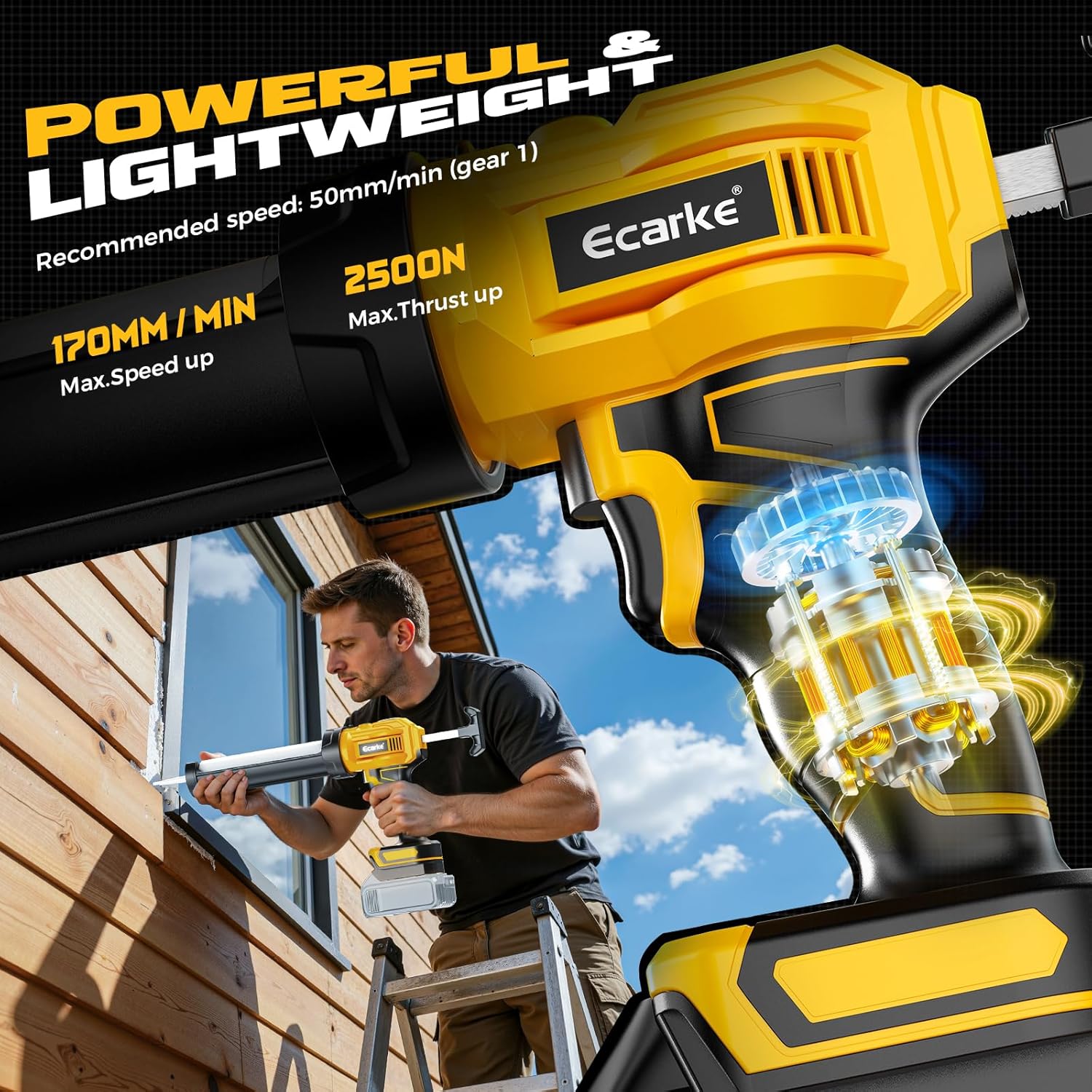 Cordless Caulking Gun Compatible with DeWalt 20V Battery (Tool Only), 10oz Electric Caulking Gun with Adjustable Speed, 9Pcs Caulk Remover Tool, Ecarke Cordless Silicone Gun for Filling, Sealing