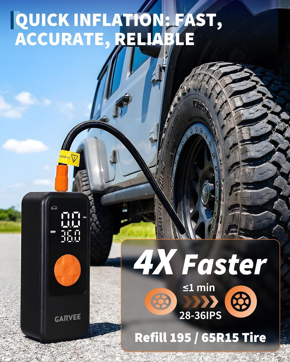 Garvee Portable Tire Inflator Air Compressor, 150PSI Cordless Air Pump, 4X Fast Inflation, Digital Pressure Gauge with Auto Shut-Off, LED Light, Rechargeable Tire Pump for Car, Motorcycle, Bike, Balls