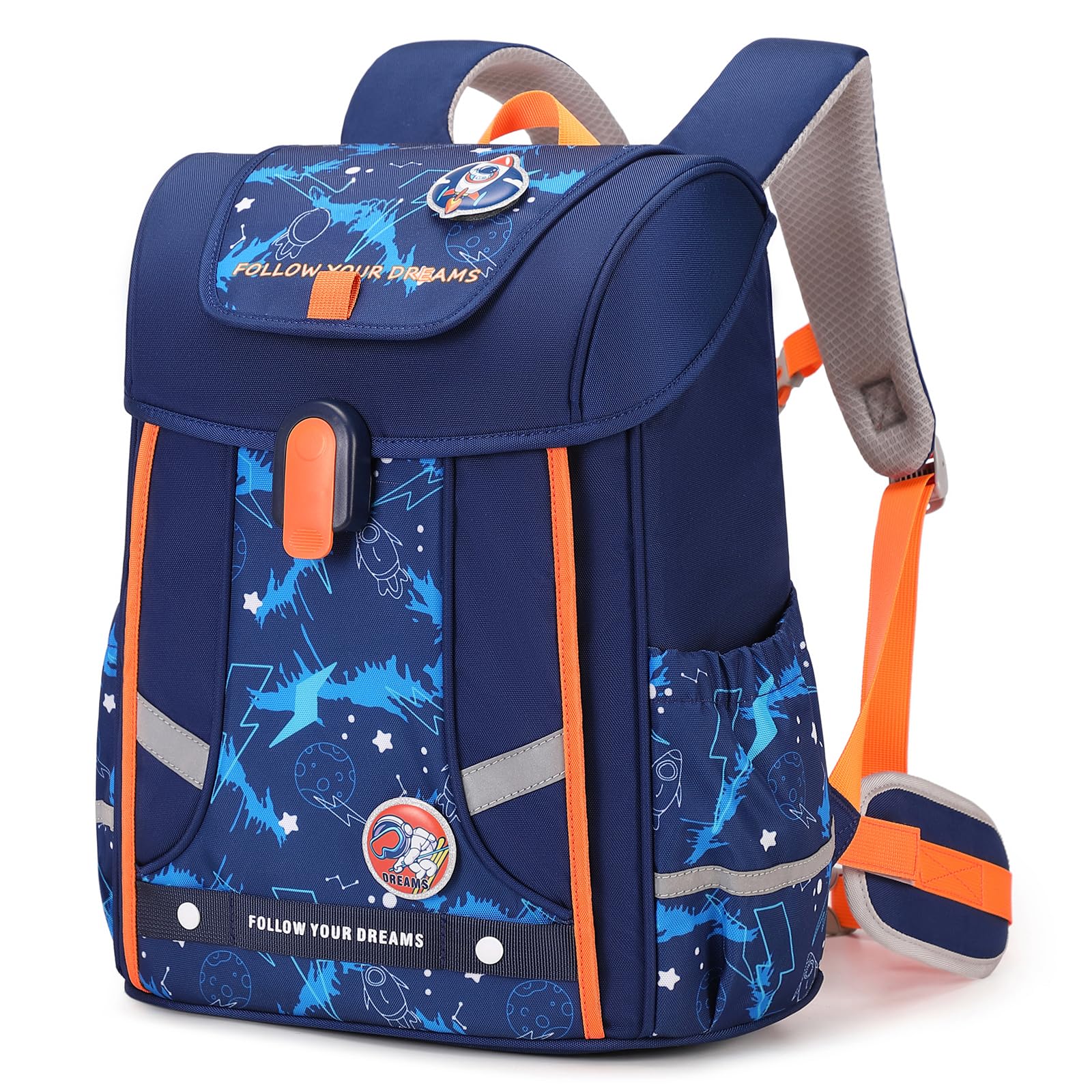 Amythe Schulrucksack Jungen Ergonomisch 1-4. Klasse mit Brustgurt,Blau | Kinderrucksack Schule 6-10 Jahre Schulranzen mit Abnehmbarer Gürtel und Reflektierend 24L, Blau