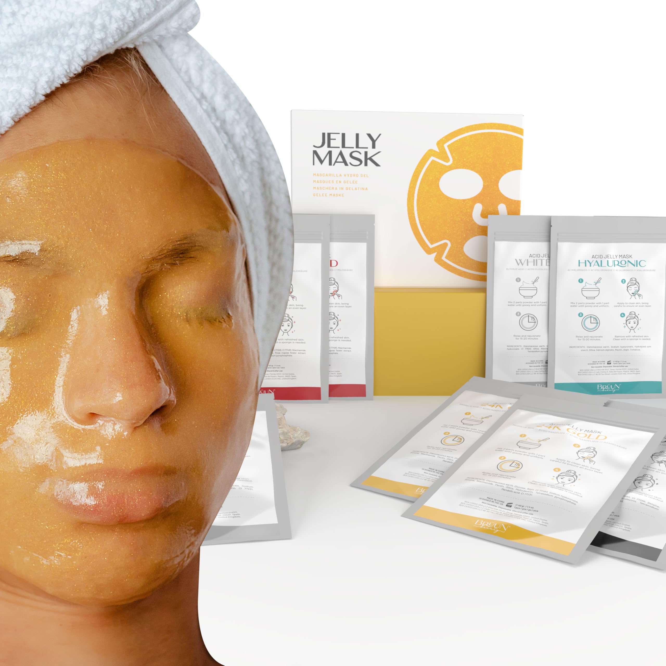 BRÜUN Peel-Off Jelly Mask Rubber Mask - 5 Treatments BHA AHA (Black Gold Salicylic AC, Red Gold Lactic AC, White Gold Glycolic AC, 24k Gold Mandelic