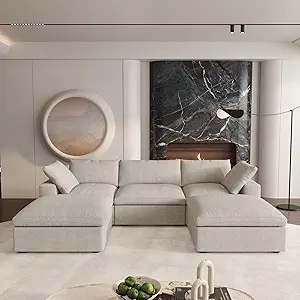 Cloud Couch 120" Sectional Couches for Living Room/Modular Convertible U Shaped Sofa Couch with 2 Storage Ottomans,5 Seater Minimalist Wide Deep Seat Sets (Khaki, 5 Seater)