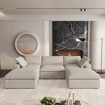 Cloud Couch 120" Sectional Couches for Living Room/Modular Convertible U Shaped Sofa Couch with 2 Storage Ottomans,5 Seater Minimalist Wide Deep Seat Sets (Khaki, 5 Seater)