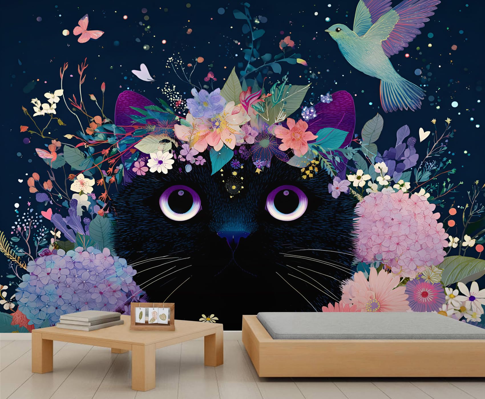 Black Cat Floral Wallpapers Hydrangea Wallpaper Murals for Walls Daisy Rose Flower Wallpaper Mural for Bedrooms Mural for Kids Bedroom Living Room Poster 390 X 260 cm