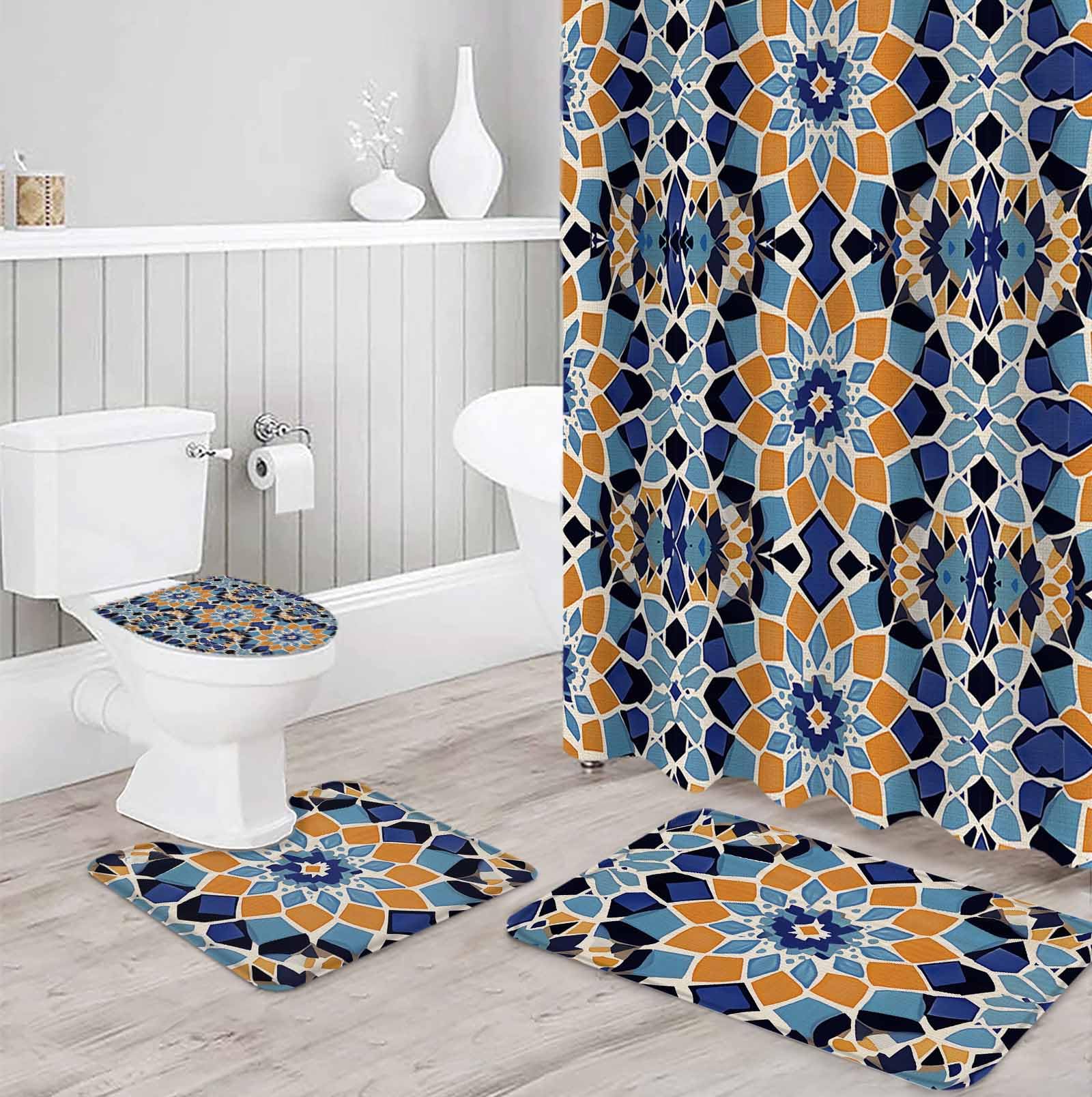 Morocco Orange Bathroom Set with Shower Curtain and Rug Accessories - 36x72 Inches Long Blue Boho Retro Flower Pattern Abstract Stall Curtain Waterproof with Small Bath Mat,Washable Runner Rug Set