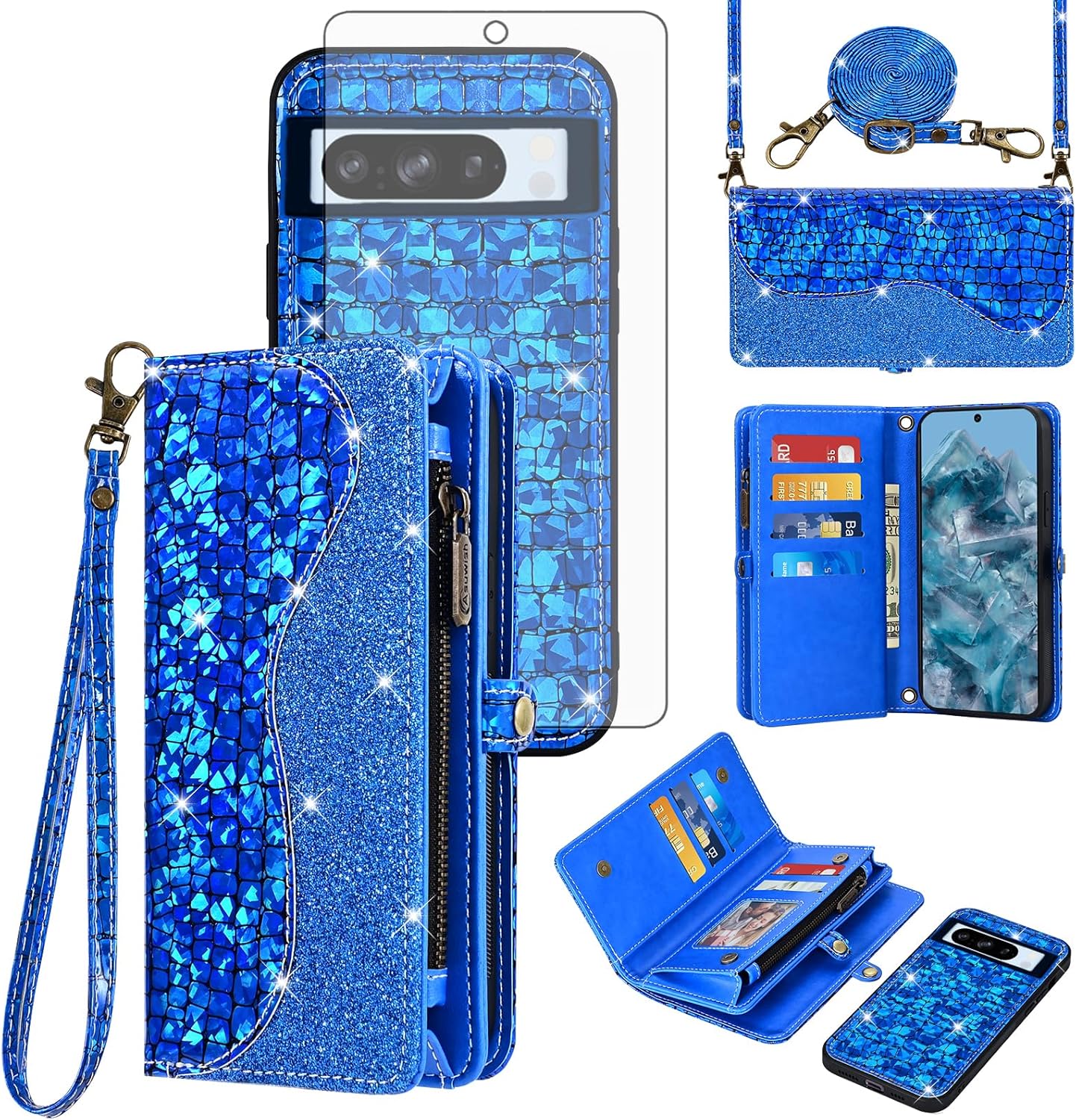 Asuwish Phone Case for Google Pixel 8 Pro 5G Zipper Wallet Detachable with Screen Protector Cover and Card Holder Slot Wrist Strap Purse Flip Folio Cell Pixel8Pro Pixel8 XL Eight 8Pro Women Men Black