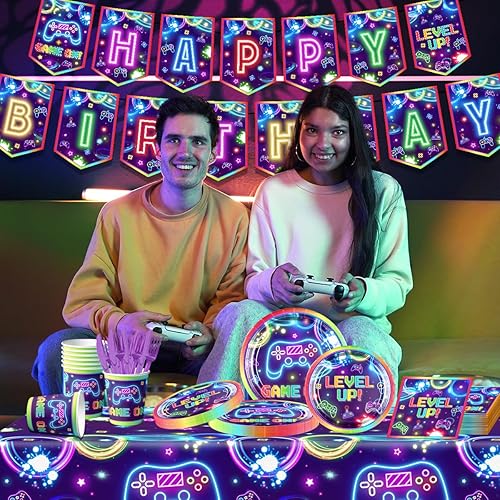 Miniatura 6 de Decoraciones de fiesta de videojuegos, juego de vajilla de 142 piezas, juego de vajilla de videojuegos, platos de neón desechables, servilletas,