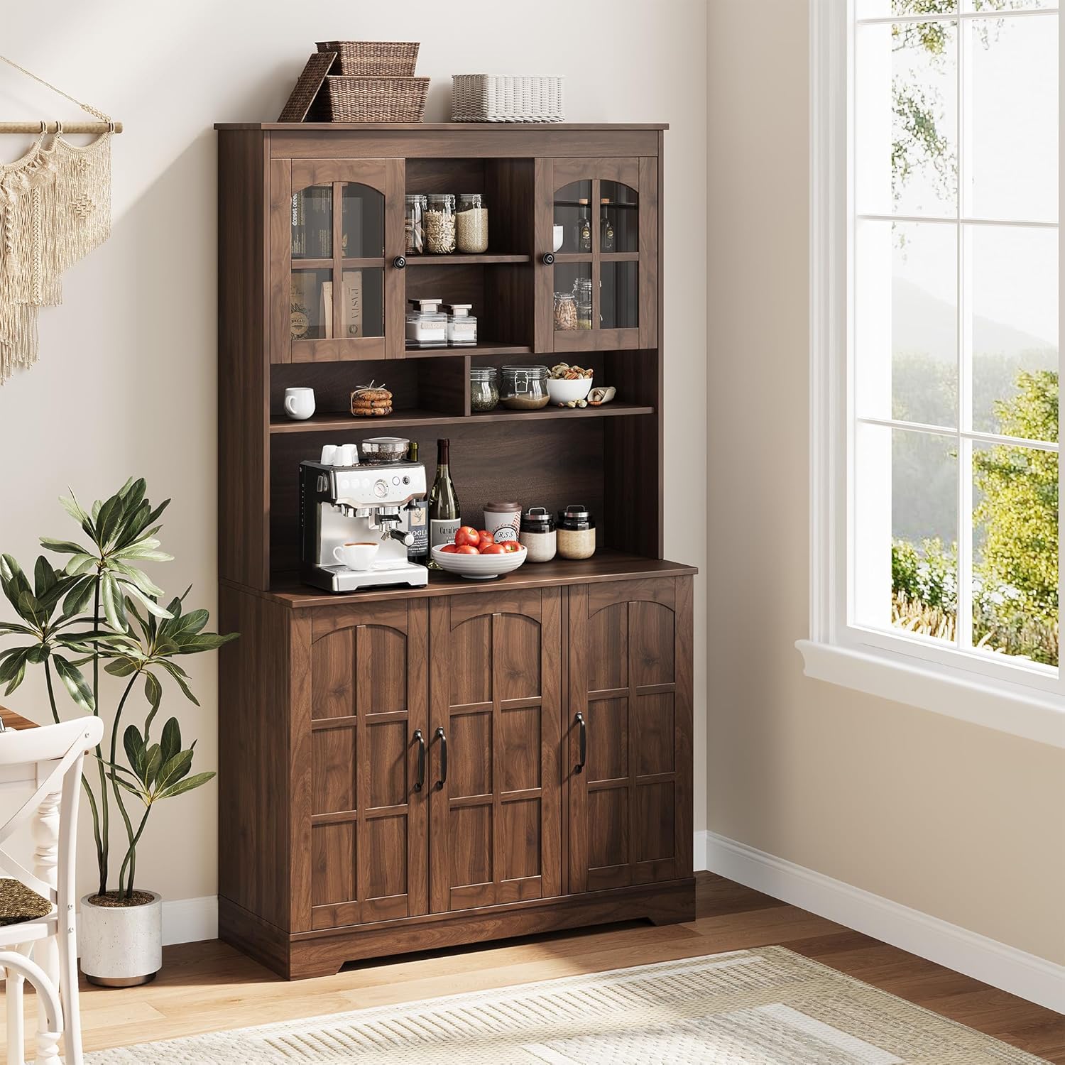 IDEALHOUSE Pantry Cabinet, 70.9 Inch Kitchen Cabinet with Glass Doors, Tall Kitchen Pantry Storage Cabinet with Hutch