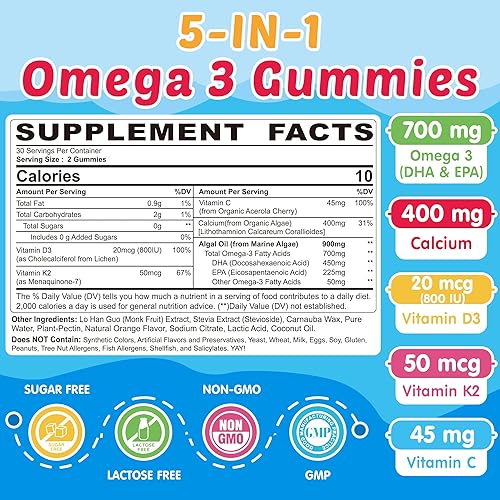 Miniatura 2 de Gomitas Omega 3 para niños + calcio, vitamina D3 y K2, C, Omega-3 DHAEPA gomitas para huesos fuertes, enfoque y memoria, apoyo inmunológico,