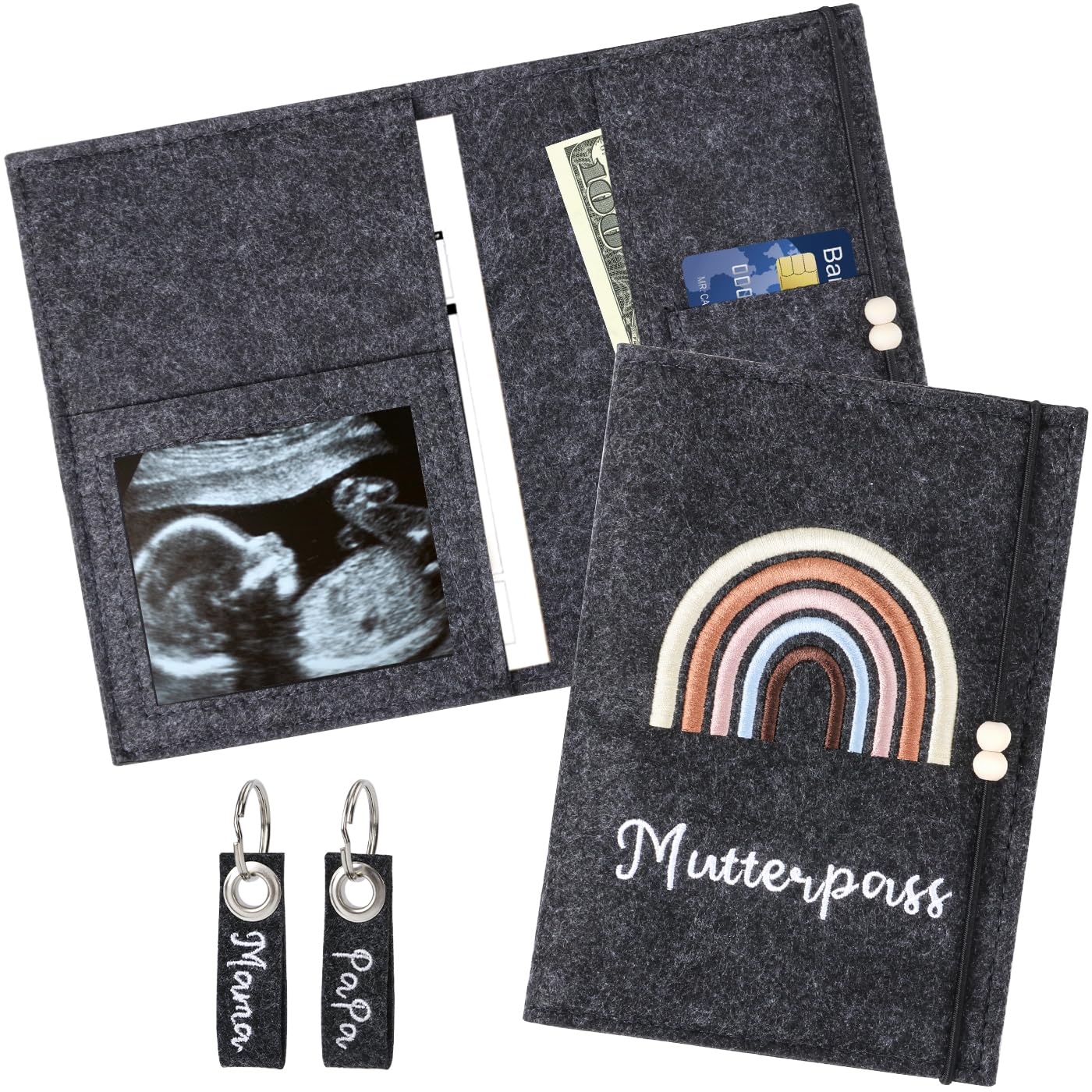 Mutterpasshülle aus Filz mit Fächern – Ultraschallbild, Impfpass & Versichertenkette sicher aufbewahren – Perfekt für Schwangere und Future Mütter – Süßes Geschenk (Grau)