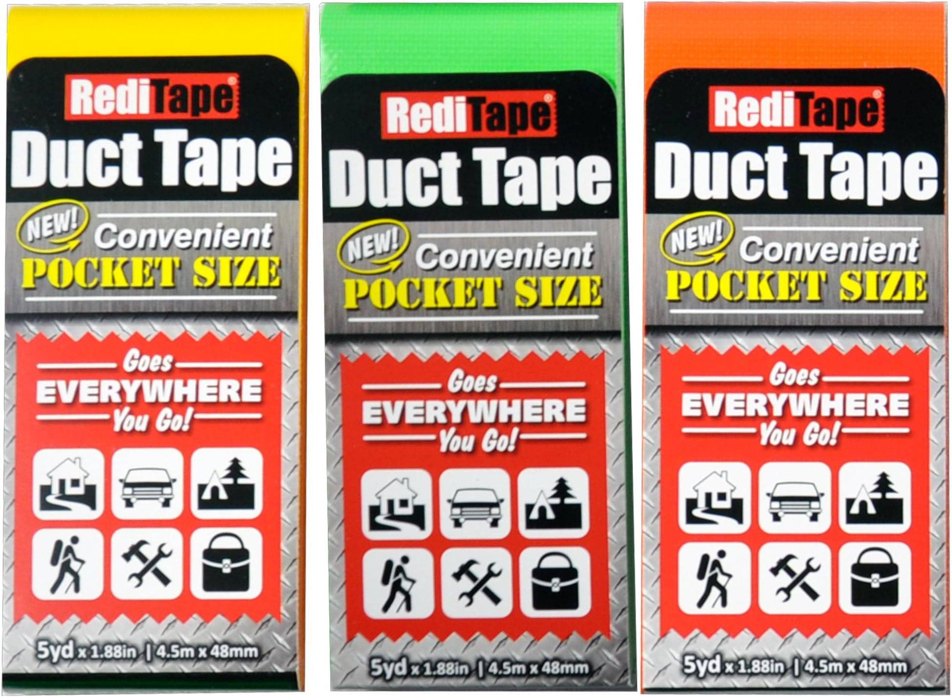 RediTape 10937 Travel, Camping, Photography and Emergencies | Pocket Size, 3-Pack, Green, Orange, Yellow
