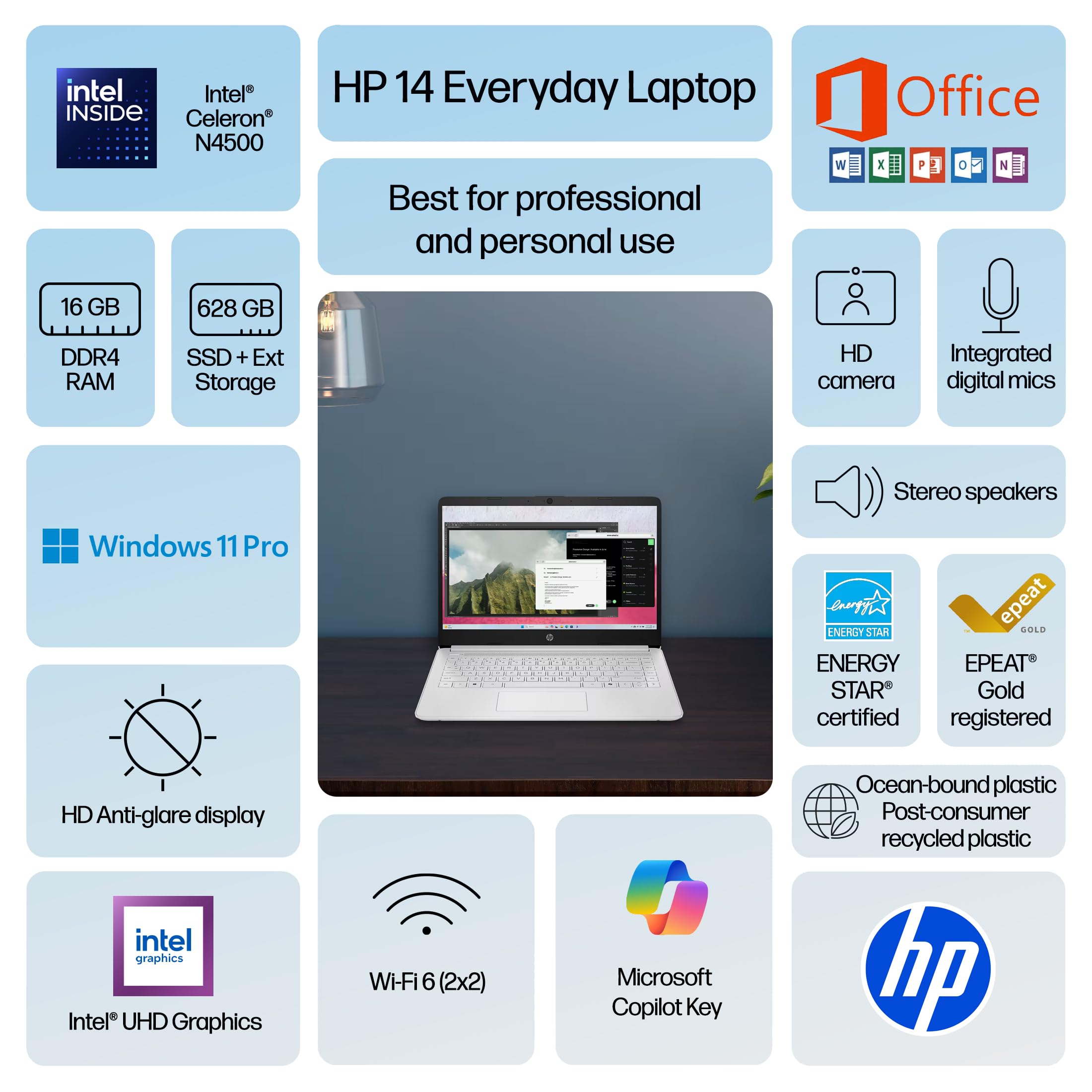 HP 14" Laptop Thin and Light for 2026 Student Business with Office Suite, Copilot AI, Intel CPU Up to 2.8GHz, 16GB RAM, 628GB Storage (128GB SSD+500GB Ext), WiFi 6, Win 11 Pro, MarxsolAccessory, White — view 2