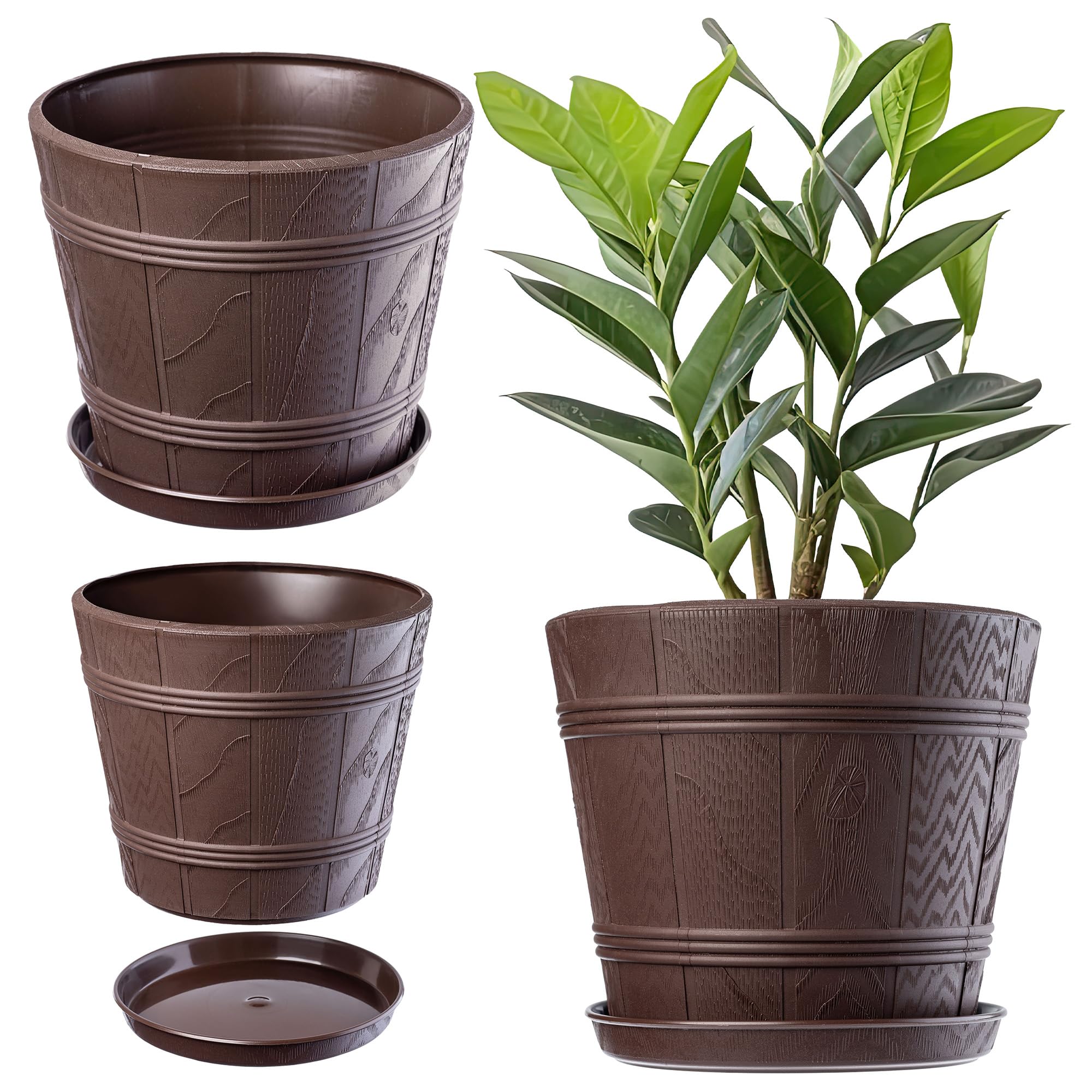 KADAX Blumentopf, Blumenkübel mit Untersetzer, Pflanzkübel für Innen- und Außenbereiche, Holzoptik, wetterfester Pflanztopf aus Kunststoff, Übertopf für Blumen, Garten, Balkon (Ø 42 cm, Braun)