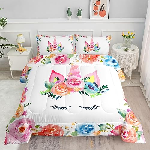 Datura home Juego de ropa de cama de edredón de flores de acuarela floral de unicornio para niñas, adolescentes y adultos, juego de ropa de cama