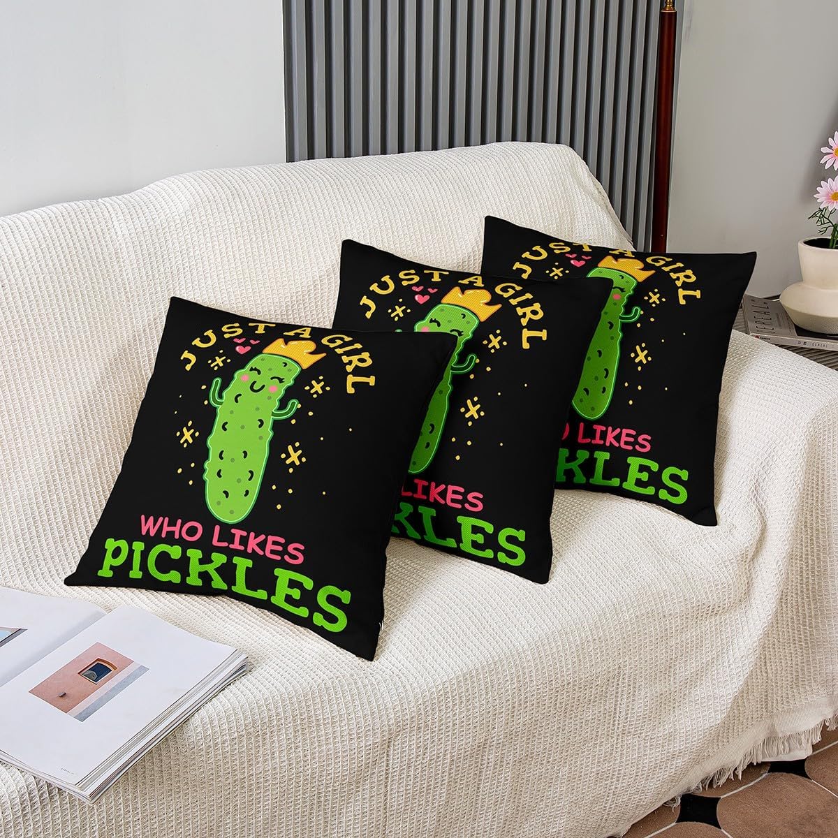Feelyou All Season Girl Loves Pickles Pillow Covers Home Decor Kids,Vegetable Print Reversible Throw Pillow Covers Cute Kawaii Square Cushion Covers Set of 1,24 x 24-Inch