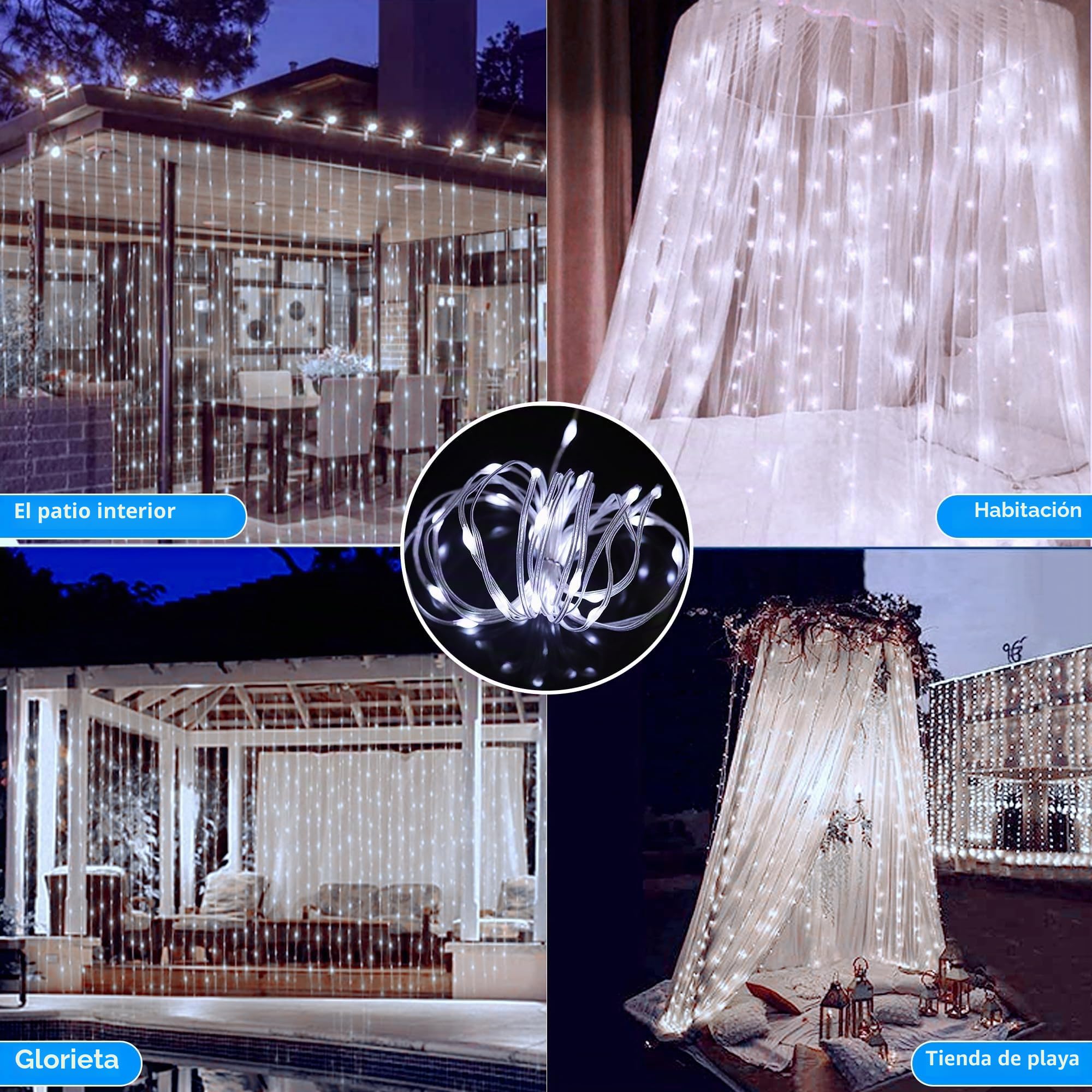 Cortina de Luces Solares, 6x3M 600 LED Cortina Luces Solar Interior Exterior, 8 Modos de Control Remoto, Carga USB, Luz Cadena Solares Colgantes para Jardín Navidad Bodas Fiestas (Blanca Fría)