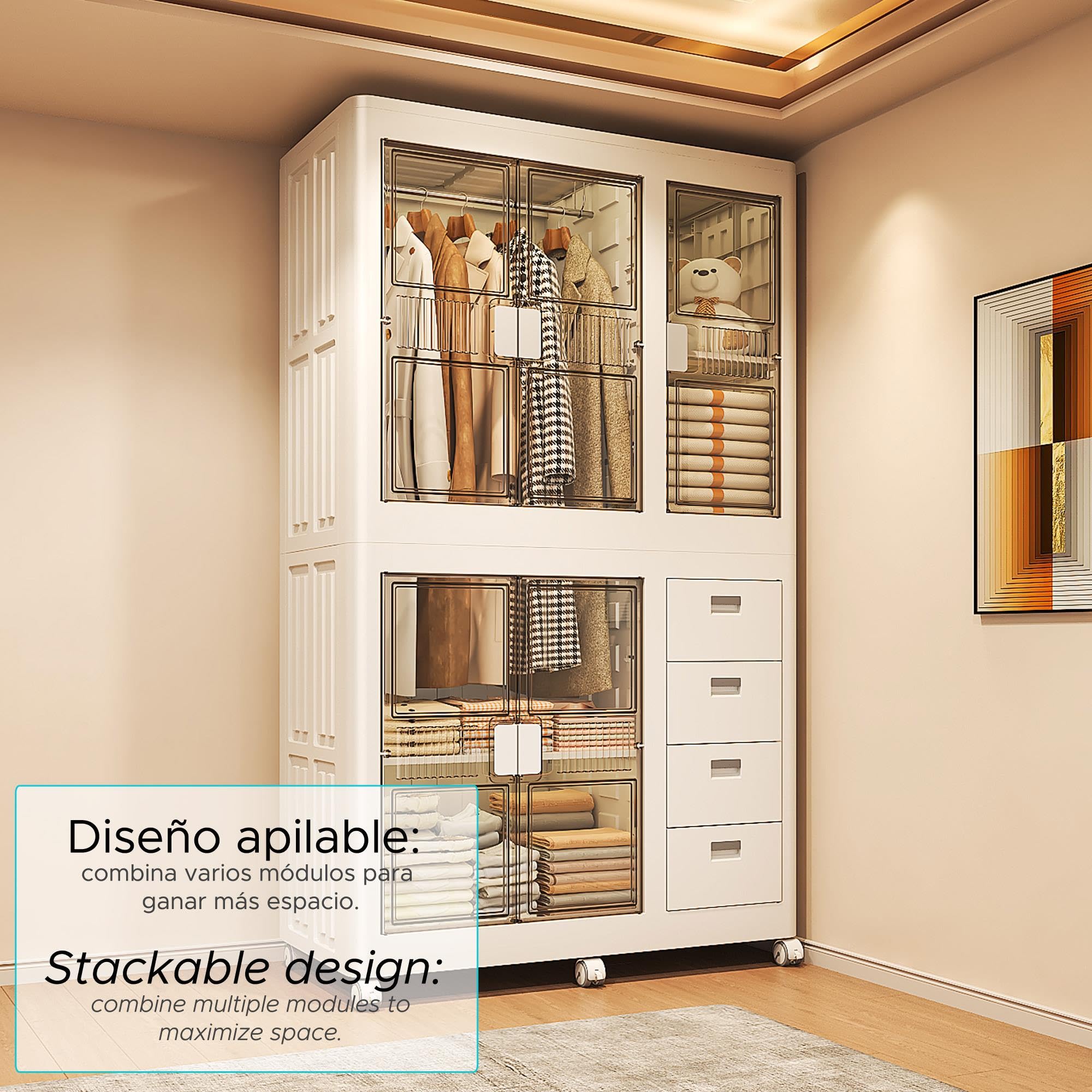 Well Home Cajas de almacenaje apilables con puerta frontal, Organizador modular plegable con ruedas, Modularidad eficiente, Multiespacios, Armario plegable con 1 Compartimentos y 4 Cajones