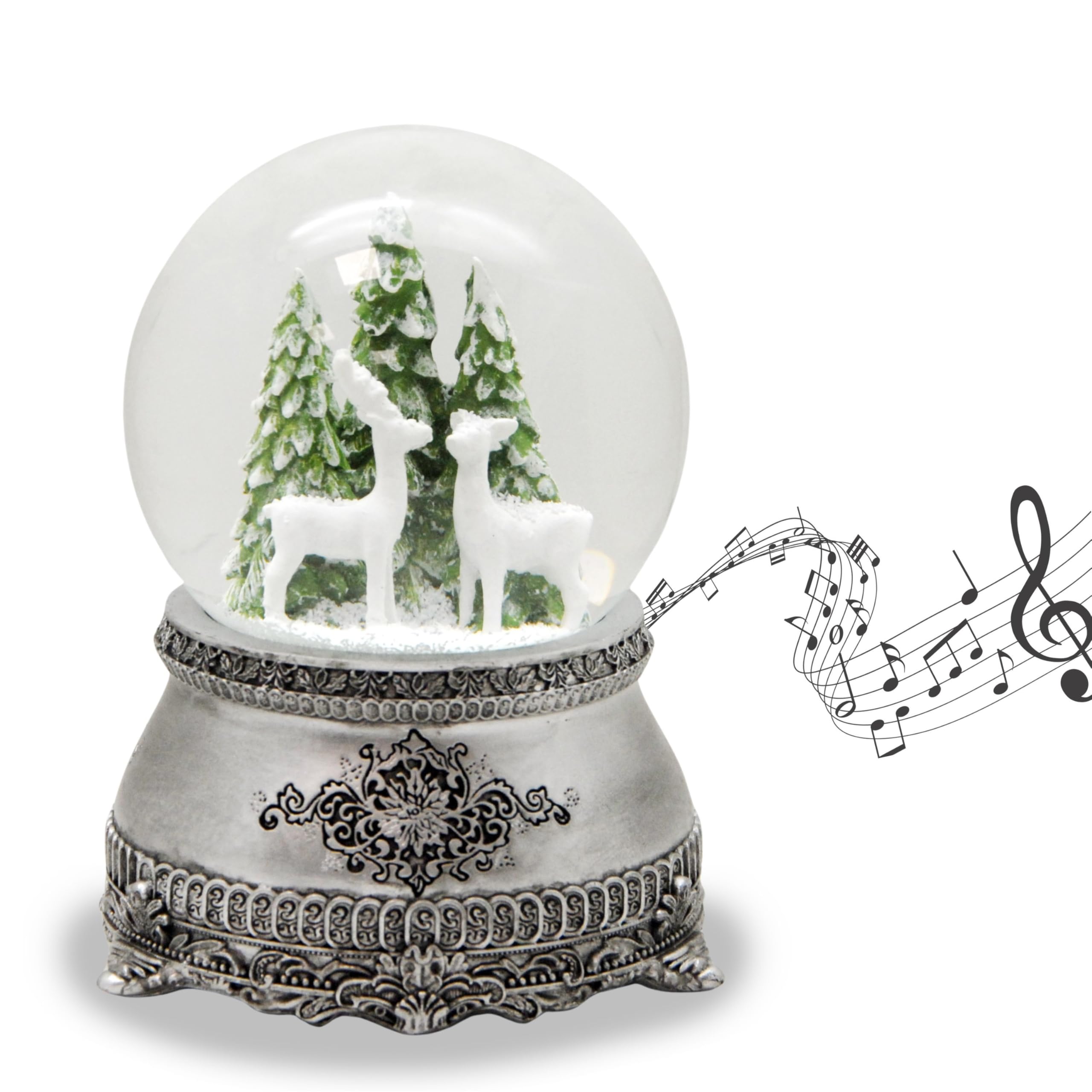 Schneekugel Hüttenzauber 2 weiße Rehe vor Tannenbaum | Sockel Zinnoptik Ornamente | mit Spieluhr | Schüttelkugel Weihnachtsdekoration | B: 10 cm H: 14 cm | 20253