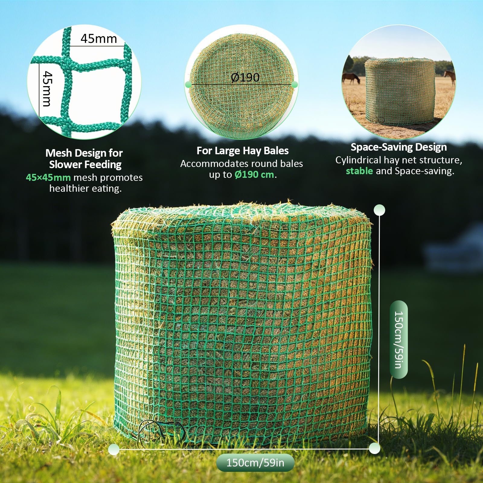 Rete per balle di Fieno Rotonde, Ø 150 cm Altezza 150 cm — Grande Rete per Fieno per Cavalli Dimensione Maglia 5x5 cm Robusta Rete per balle Rotonde Ete per balle di Fieno a Maglia fitta