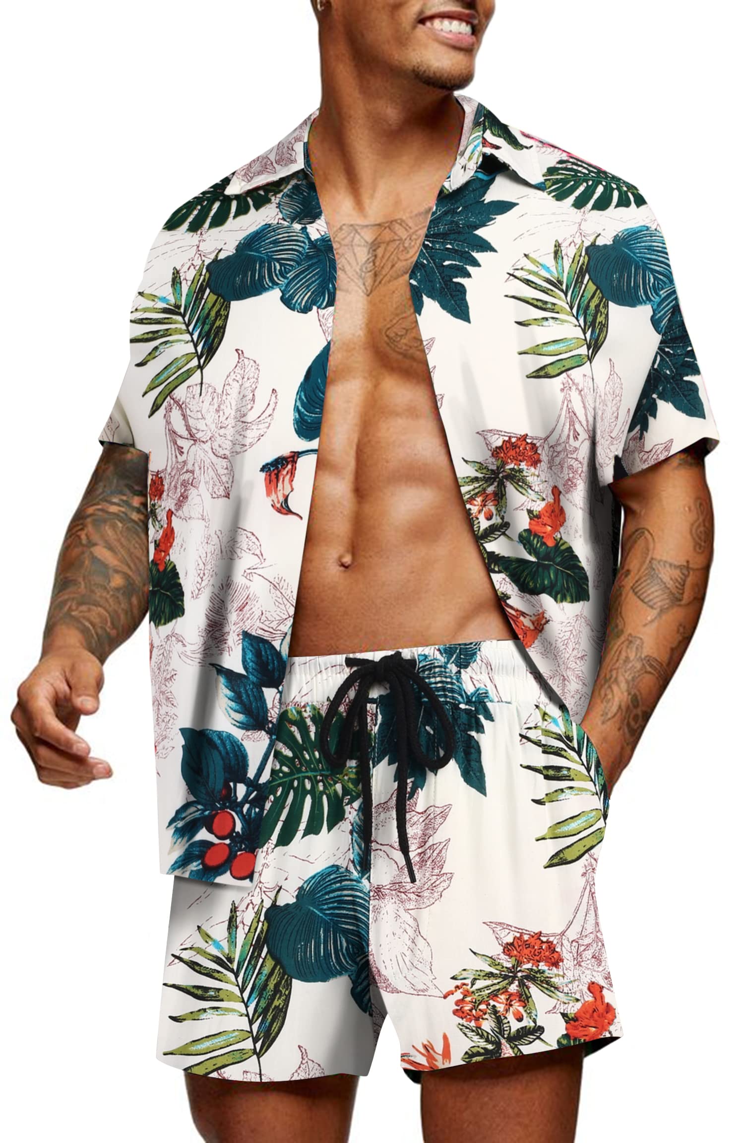 COOFANDY Men's Hawaiian Matching Set Summer Beach 2 Piece Outfits Flower Button Down Shirts and Shorts Vacation Outfits