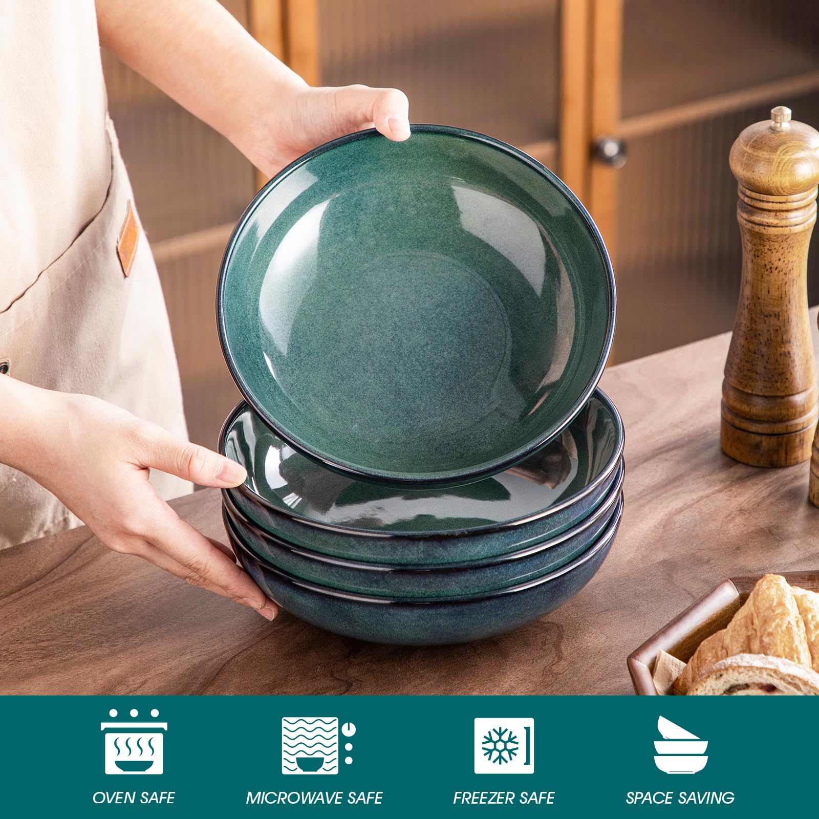 vancasso STERN 4 Cuencos para Pasta, 1140 ml, Ensaladas de Gres, Platos Hondos de Cena, Apto para Lavavajillas y Microondas, Esmaltado Reactivo Verde