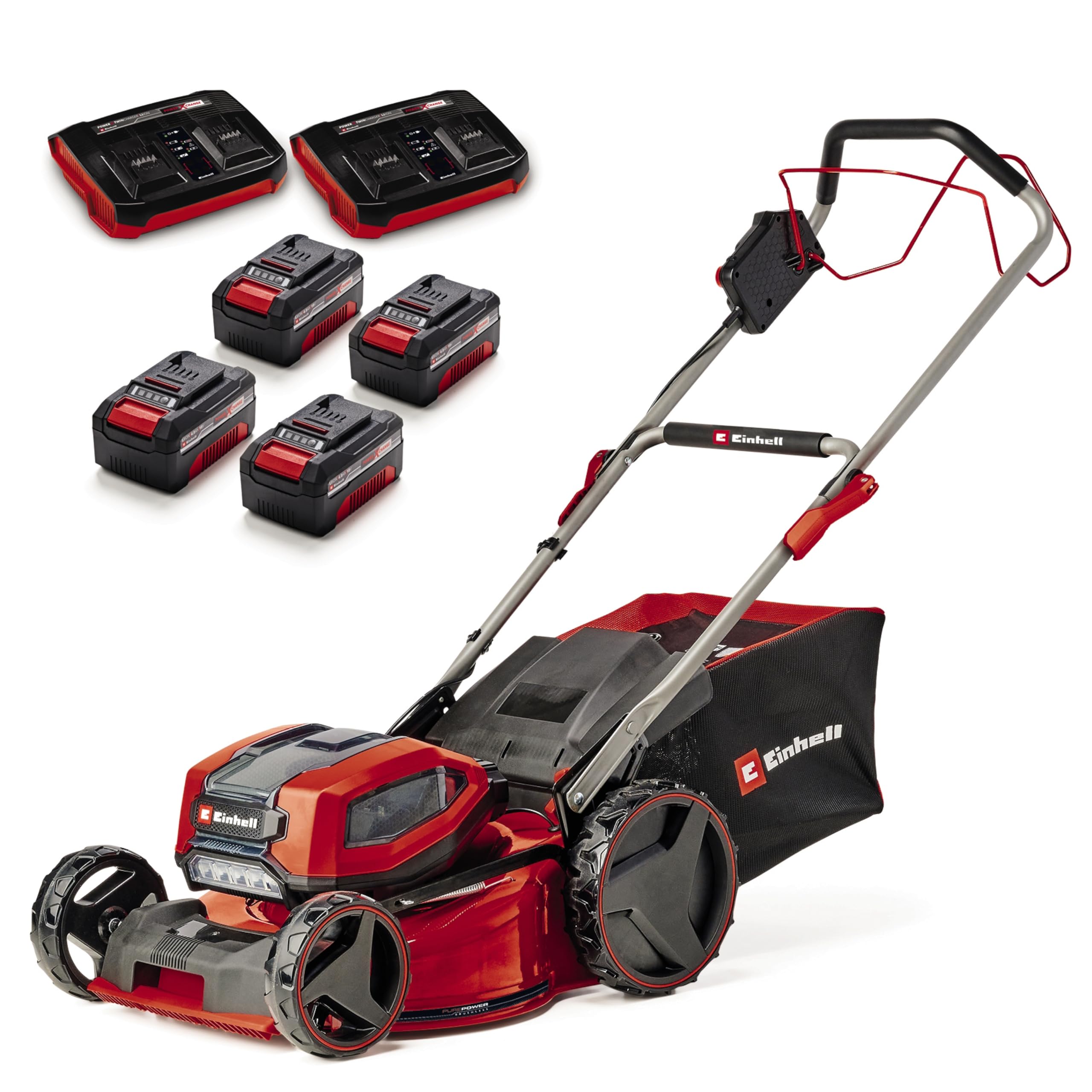 Einhell Professional Cortacésped con batería GP-CM 36/47 S Li BL Power X-Change (36 V, 47 cm de ancho de corte, hasta 700 m², sin escobillas, cesta 65 L, incl. 4x4,0Ah baterías, 2x Twincharger)