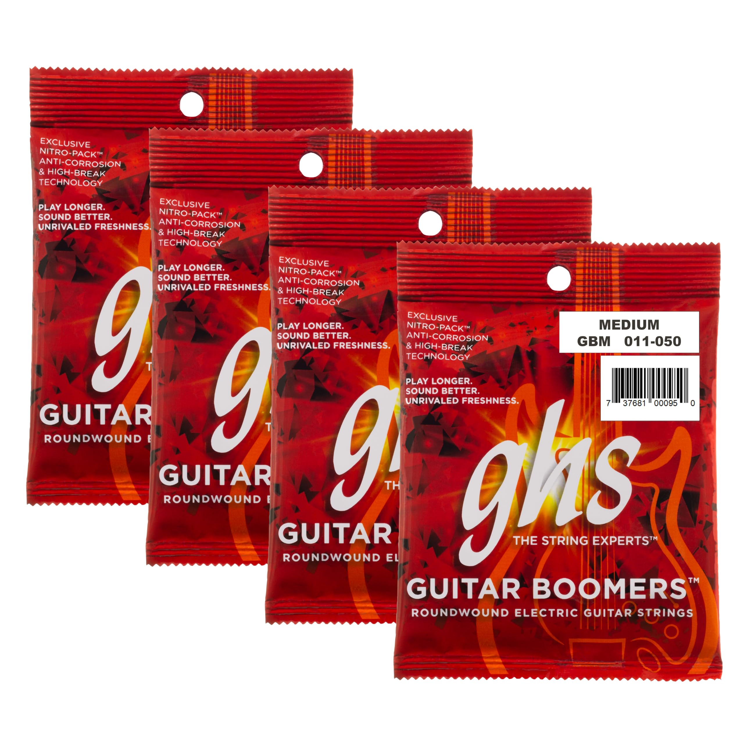 GHS Strings, GBM Boomers, Nickel Plated Steel Electric Guitar Strings, Legendary Strength, Consistent Intonation, Long Lasting Brightness, Tone &amp; Sustain. For 6-String Guitar, 11-50 Med. Gauge, 4 Pack