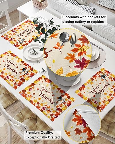 Miniatura 2 de Fall Thanksgiving Table Placemats for Dining Table Set of 4,Cotton Linen Cloth Kitchen Place Mats with Pocket,SquareRectangleRoundOblong Table