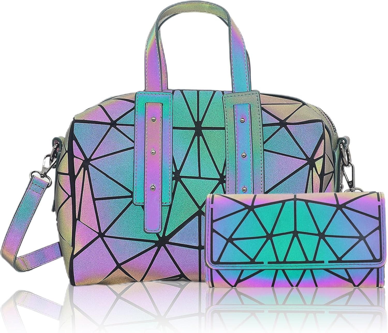 Geometric Boston Handbag for Women Geometric Luminous Purse and crossbody bag Geometric Bags and Holographic shoulder bag Set-G