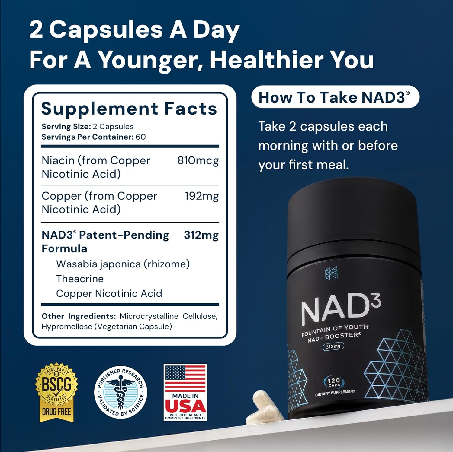 HPN NAD3 Clinical NAD+ Booster, Cellular Health & Natural Energy - NAD Supplement for Healthy Aging, Metabolic Support, NRF2 & Longevity, Nicotinamide Riboside & NMN Alternative, 120ct, 60-Day Supply