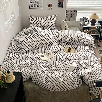 BlueBlue Abstract Kids Duvet Cover Set Queen 100% Cotton Bedding for Boys Girls Teens Simple Gray Stripe Line Pattern on White 1 Modern Geometric Full Comforter Cover 2 Pillow Shams, Queen