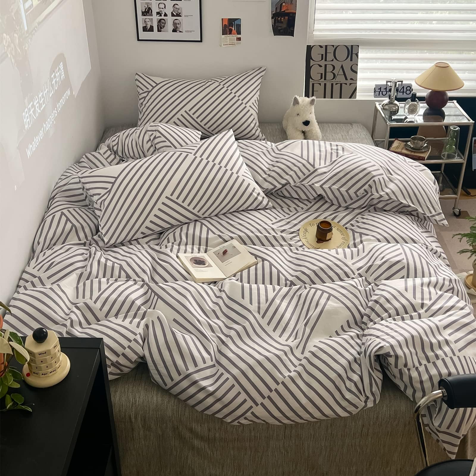 BlueBlue Abstract Kids Duvet Cover Set Queen 100% Cotton Bedding for Boys Girls Teens Simple Gray Stripe Line Pattern on White 1 Modern Geometric Full Comforter Cover 2 Pillow Shams, Queen