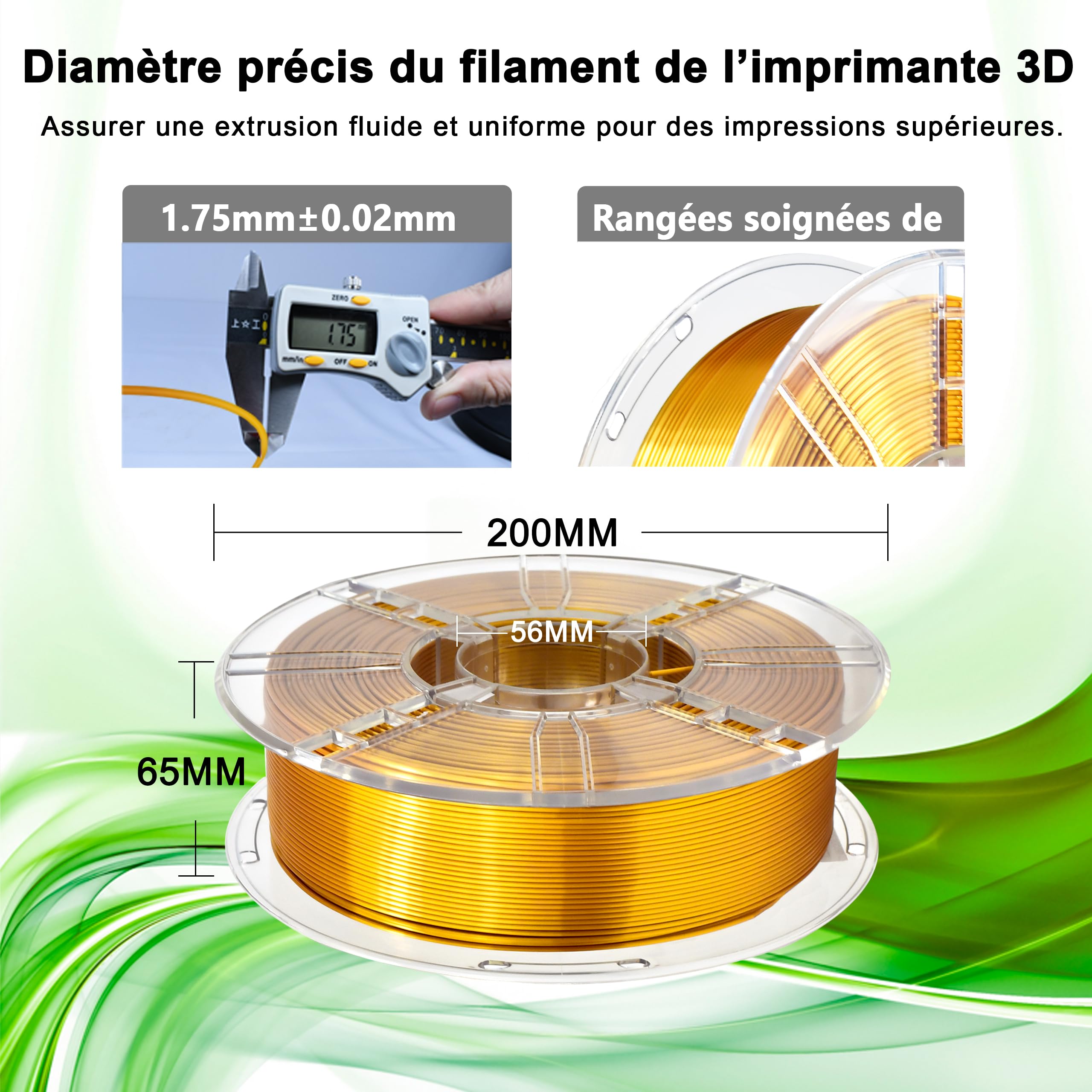 iBOSS PLA Plus (PLA+) Shiny Silk 3D Printer Filament 1,75 mm Silk PLA + 1,75 Dimension Accuracy +/- 0,02 mm, Bobine de 1 kg (2,2 kg) pour imprimante 3D FDM (Silk Gold)