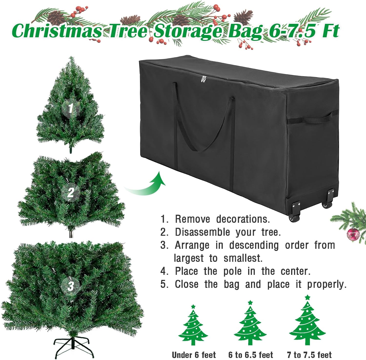 7.5 ft Rolling Christmas Tree Storage Bag with Wheels, Outdoor 600D Cushion Storage Bag, Waterproof Zippered Patio Cushion Furniture Storage 50x15x25 Inch, Black
