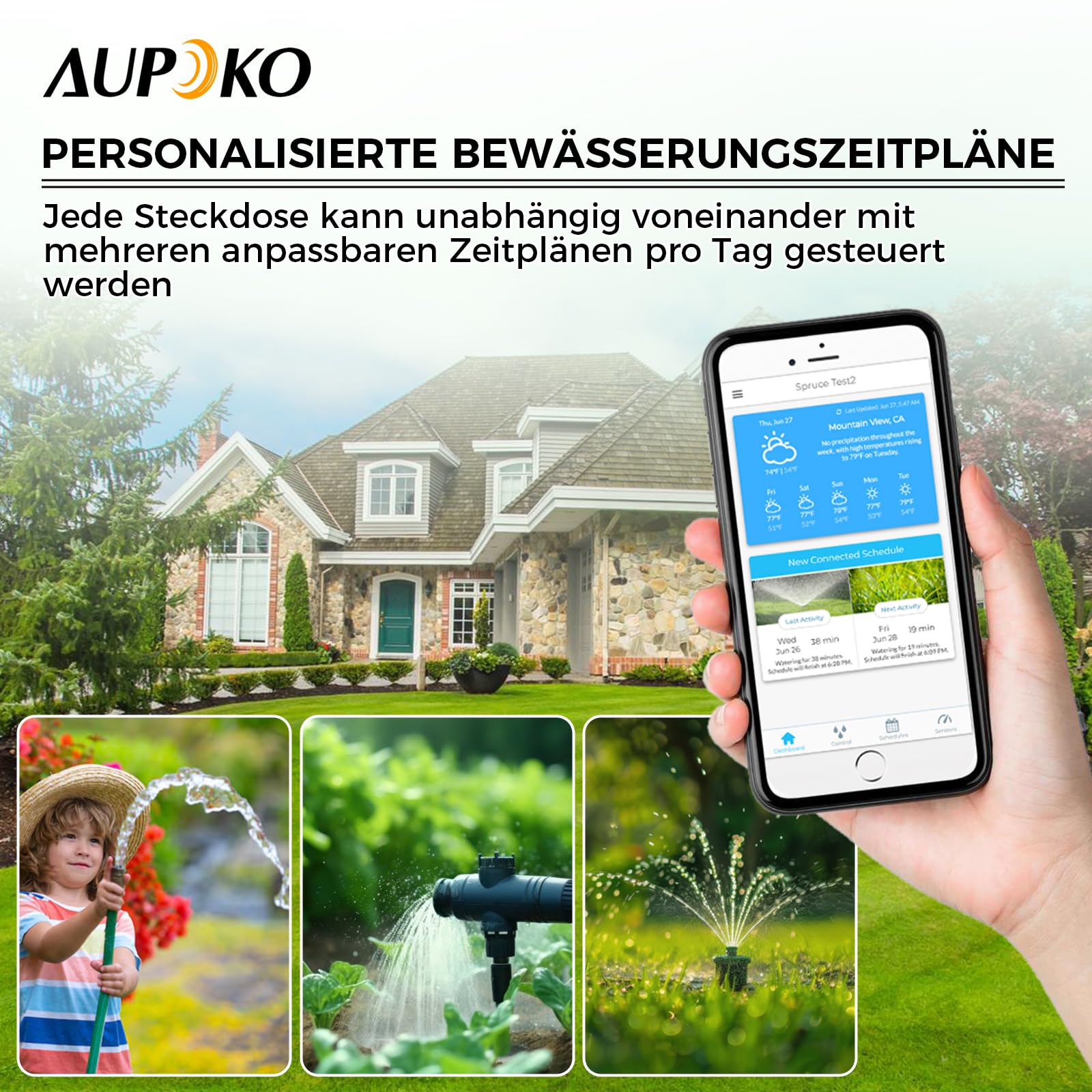 Aupoko Bewässerungscomputer mit 2 Ausgängen, Smart Bewässerungsuhr mit Bluetooth & App Steuerung, Wasserzeitschaltuhr mit IP55 Schutz, 2-Zonen-Bewässerungstimer für Garten, Landwirtschaft