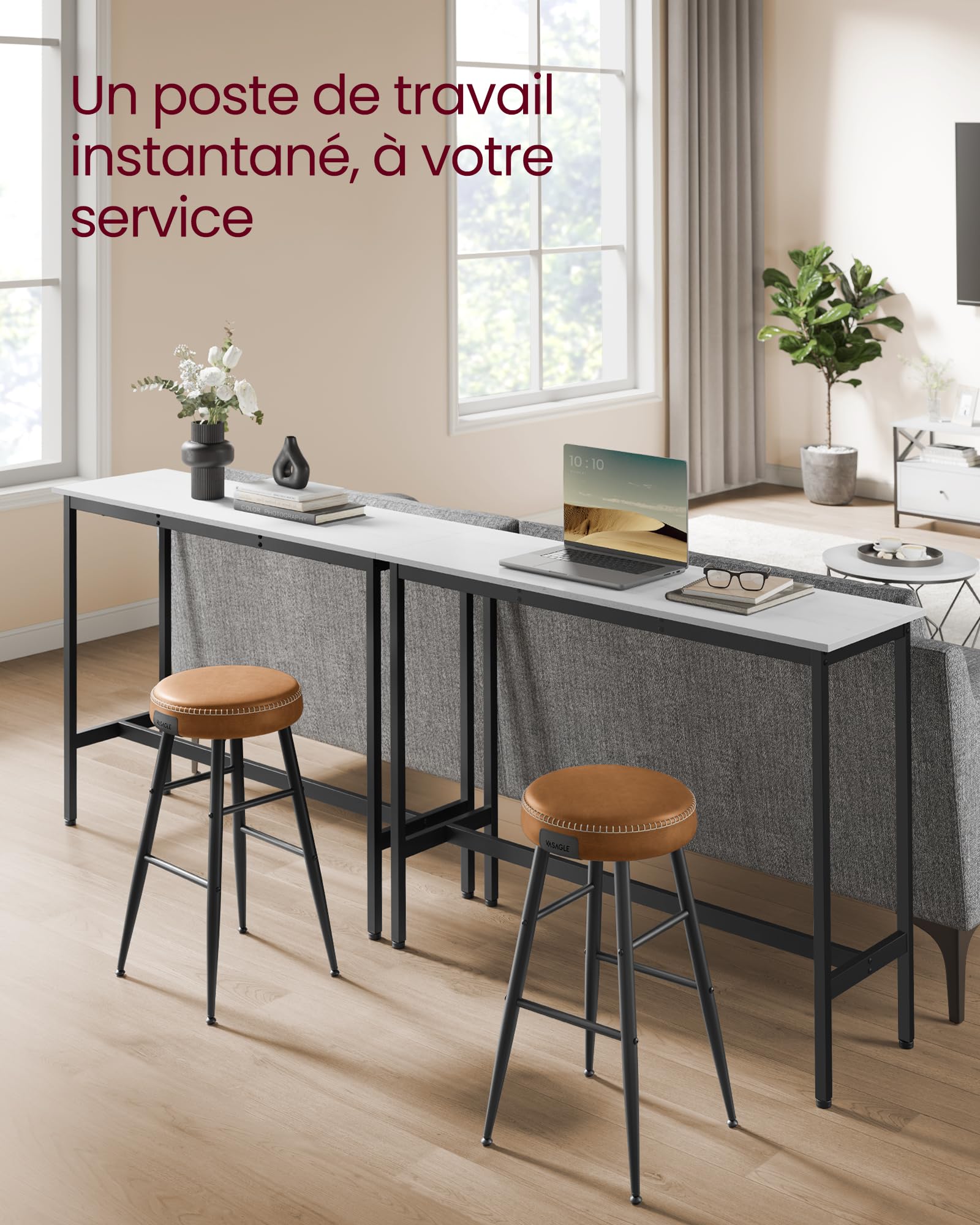 VASAGLE Table de Bar, Table Haute Fine, Table de Cuisine, Table de Salle à Manger, avec Cadre en Métal, 40 x 120 x 90 cm, Montage Facile, Style Industriel, Blanc Rustique et Noir d'encre LBT120B73