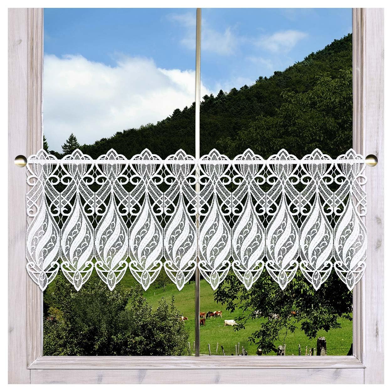 Scheibenhänger Loreta aus Echter Plauener Spitze klassisch-Moderne Kurzgardine mit Ornamenten in weiß 33 x 80 cm
