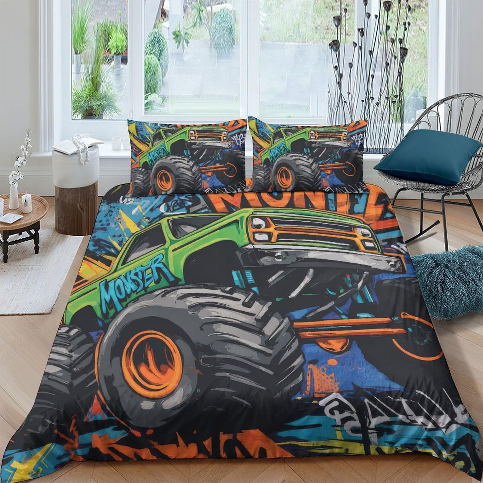Ctjqhvkz Style-4 3D Printed Monster Truck Fitted Sheet Microfiber Soft Decor Graffiti Bed Cover For Bedroom Guest Room Single（135X200cm）