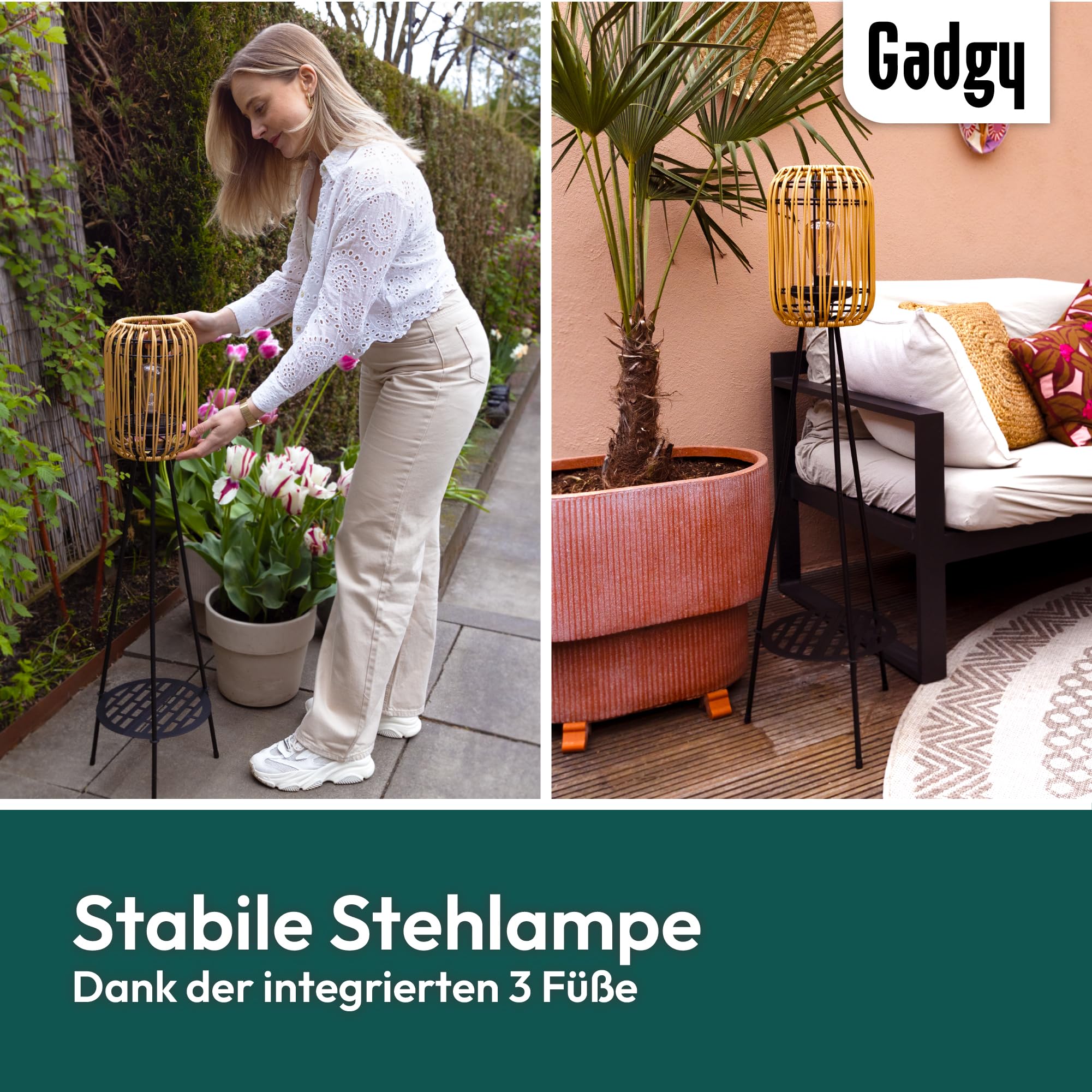 Lámpara de pie solar LED para exteriores Gadgy - Lámpara de pie para jardín resistente al agua - Lámpara de pie solar para balcón iluminación sostenible de rátan - Lámpara de pie de tres patas