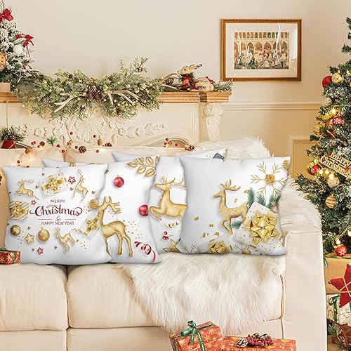 Miniatura 3 de WSZBDY Juego de 4 fundas de almohada de Navidad, copos de nieve de oro blanco, decoración de Navidad, renos, 18 x 18 pulgadas, juego de 4 adornos de