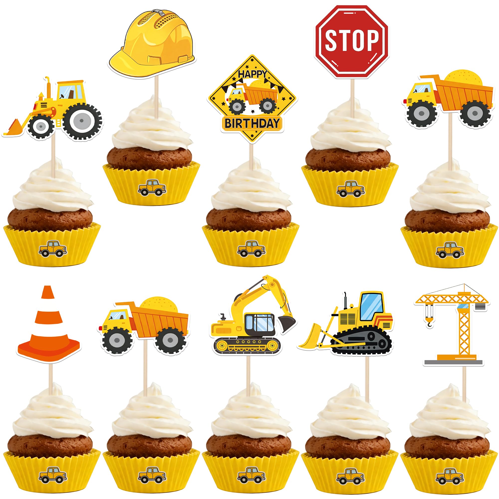 SYKYCTCY 36 Pack Construction Cupcake Toppers Dump Truck Excavator Tractor Party Stop Sign Cupcake Picks Kids Birthday Construction Theme Baby Shower Party Cake Decorations Supplies