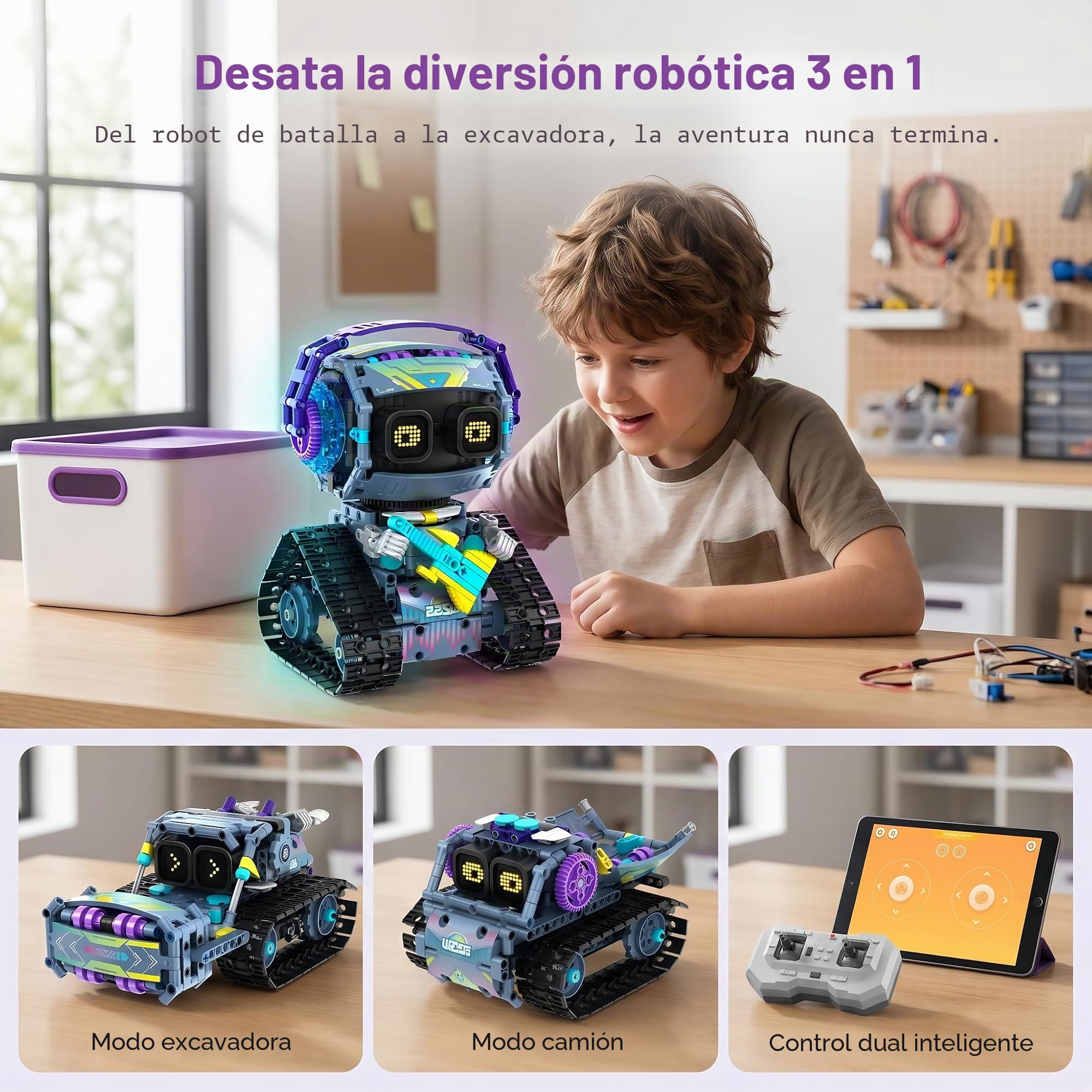 Kit Robot, 3-in-1 Modelo Set Proyecto Proyecto Regalo | kit robot: control por app, mando, orugas ágiles y movimiento reactivo; aprendizaje, regalos, proyectos familiares y hobby