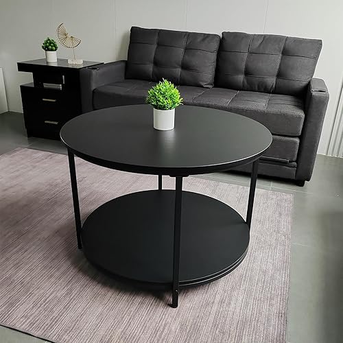 Miniatura 5 de Mesas de centro redondas Sala escritorio de madera rústica de 2 niveles de 31.5 pulgadas y patas de metal resistentes, mesas de centro circulares