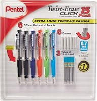 Pentel Twist-Erase Click 0.7mm Mechanical Pencils HB #2 - 6 Pack Assorted Colors with 6 Erasers & 3 Lead Refill Tubes for School, Office, Sketching