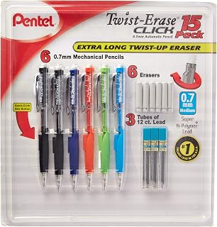 Pentel Twist-Erase Click 0.7mm Mechanical Pencils HB #2 - 6 Pack Assorted Colors with 6 Erasers & 3 Lead Refill Tubes for School, Office, Sketching