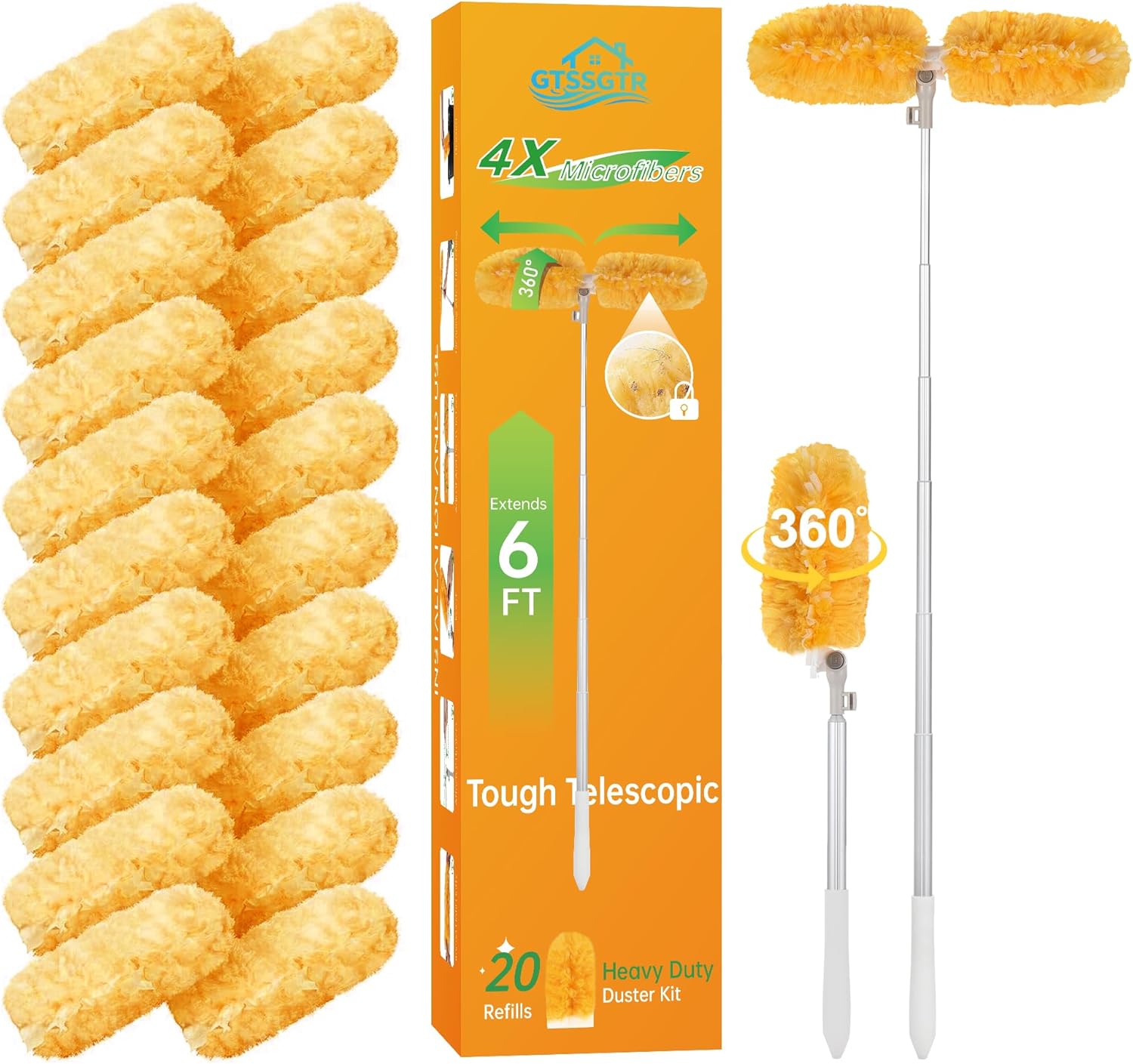 6 ft Extendable Duster Handle with 20 Pcs, 360° Heavy Duty Duster Refills Kit for Swiffer, 4X Electrostatic Microfiber for Cleaning Home, Effortlessly Reach Ceilings, Fans & Hard-to-Reach Areas