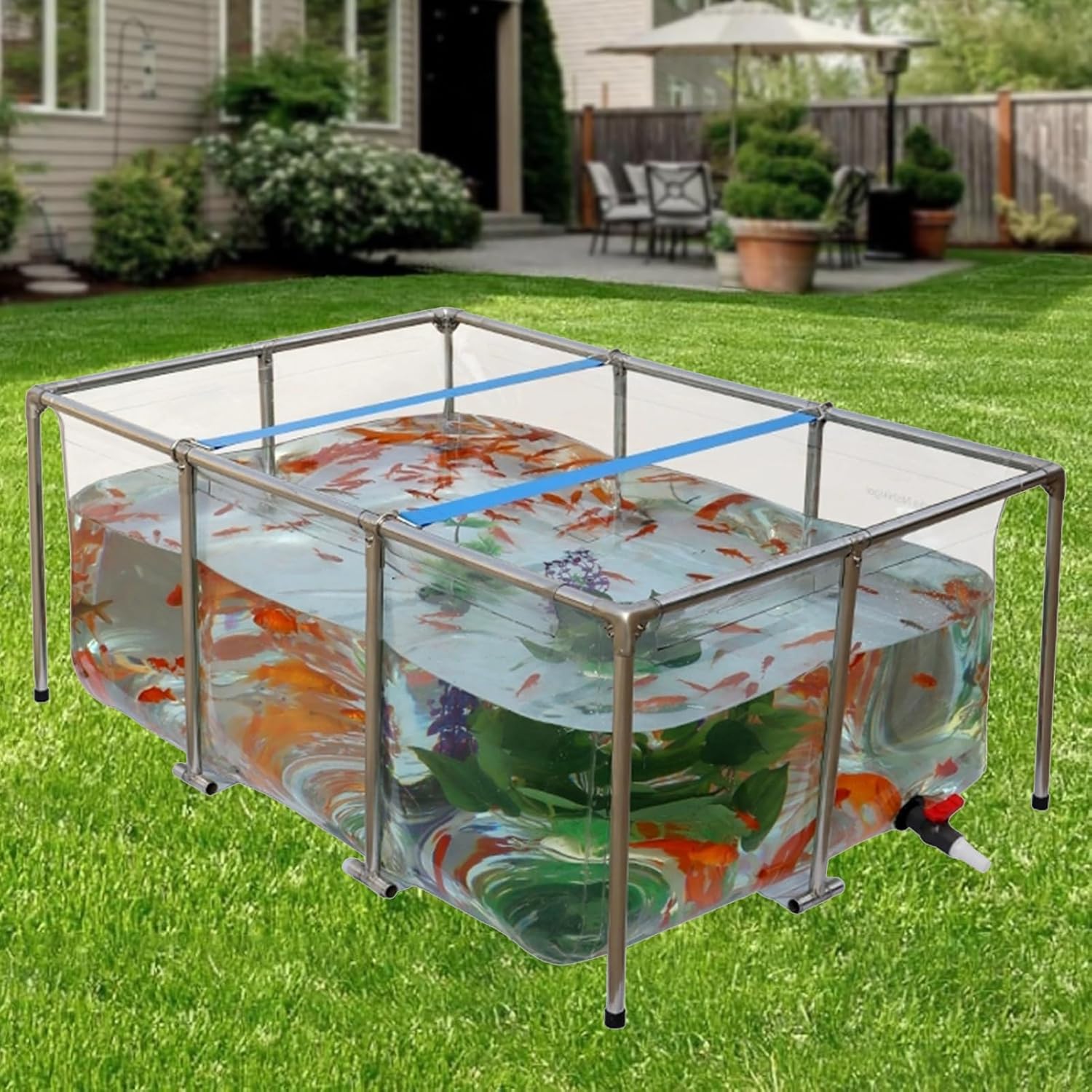 PVC Plastic Koi Fish Pond - Transparent Foldable Outdoor Aquarium Ornamental Large Fish Tank with Stainless Steel Frame - Above Ground Pond with Drain Valve Rectangular Pool(39.3"x23.6"x19.7")