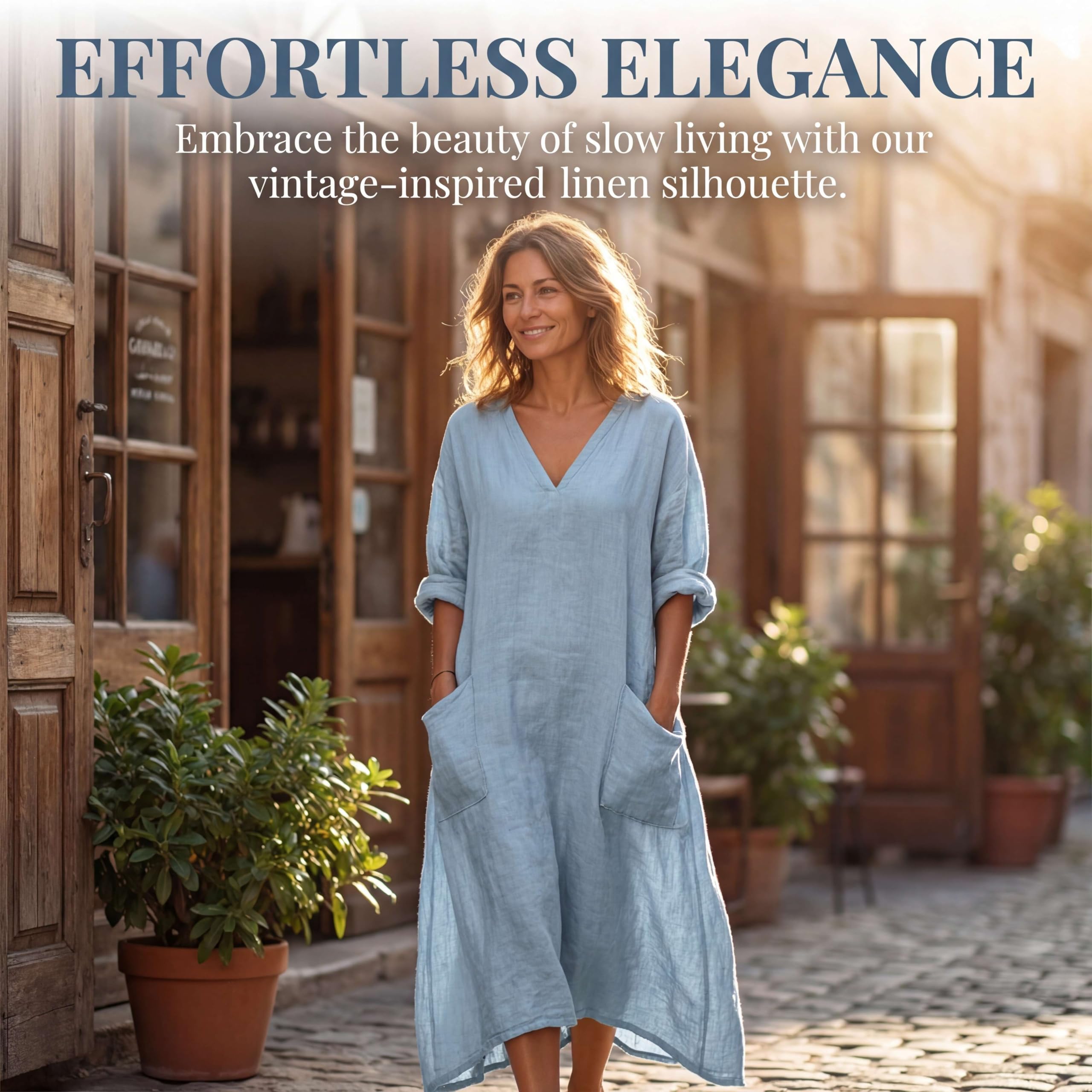 Vestito Estivi Donna Lunghi Boho Chic in Lino Effetto Scollo a V Maniche a 3/4 Abito Maxi Vestiti Vintage con Tasche Elegante e Comodo Kaftan Mare Vacanza Estate Taglie Forti Curvy Copricostume